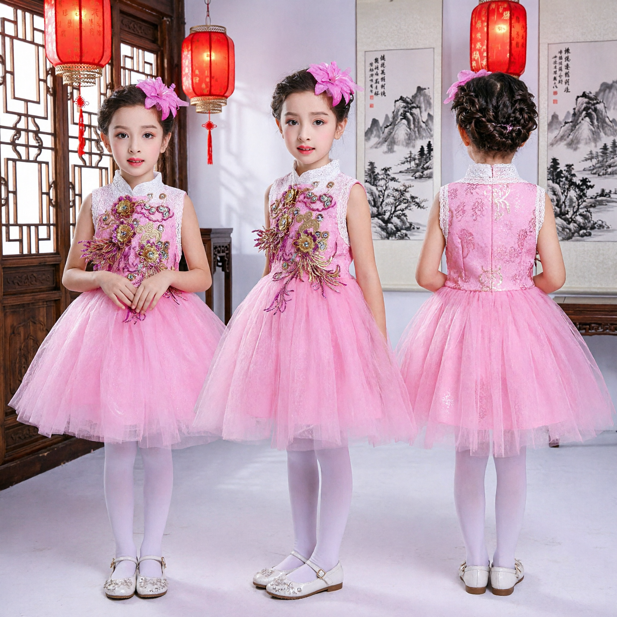 Vestido Cheongsam Rosa Bordado para Meninas Qipao Tradicional Chinês com Saia de Tule para Performance Festa Infantil - Asian Costume