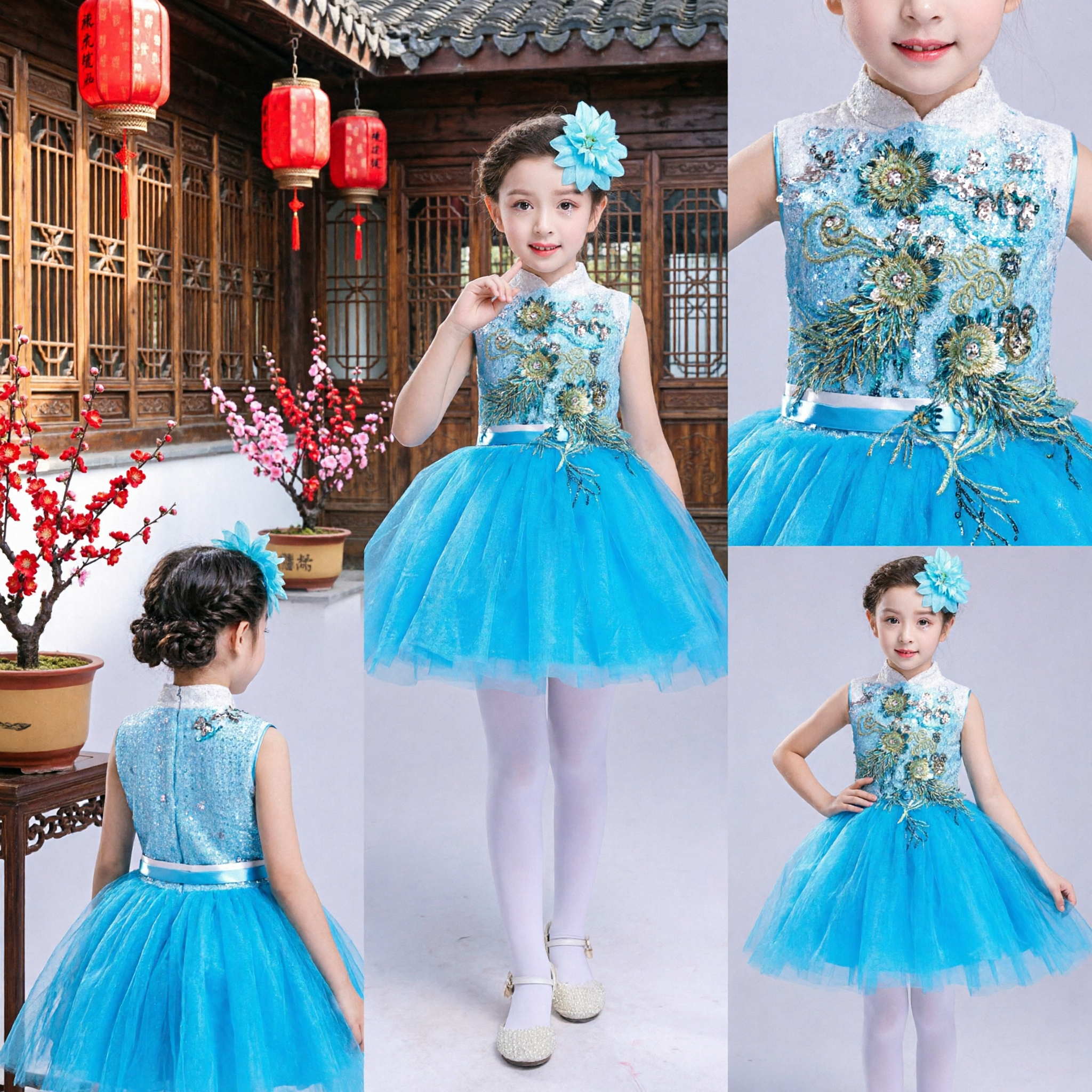 Girls Blue Cheongsam Tutu Dress Embroidered Sequin Top Tulle Skirt Stage Performance Party Costume - Asian Costume