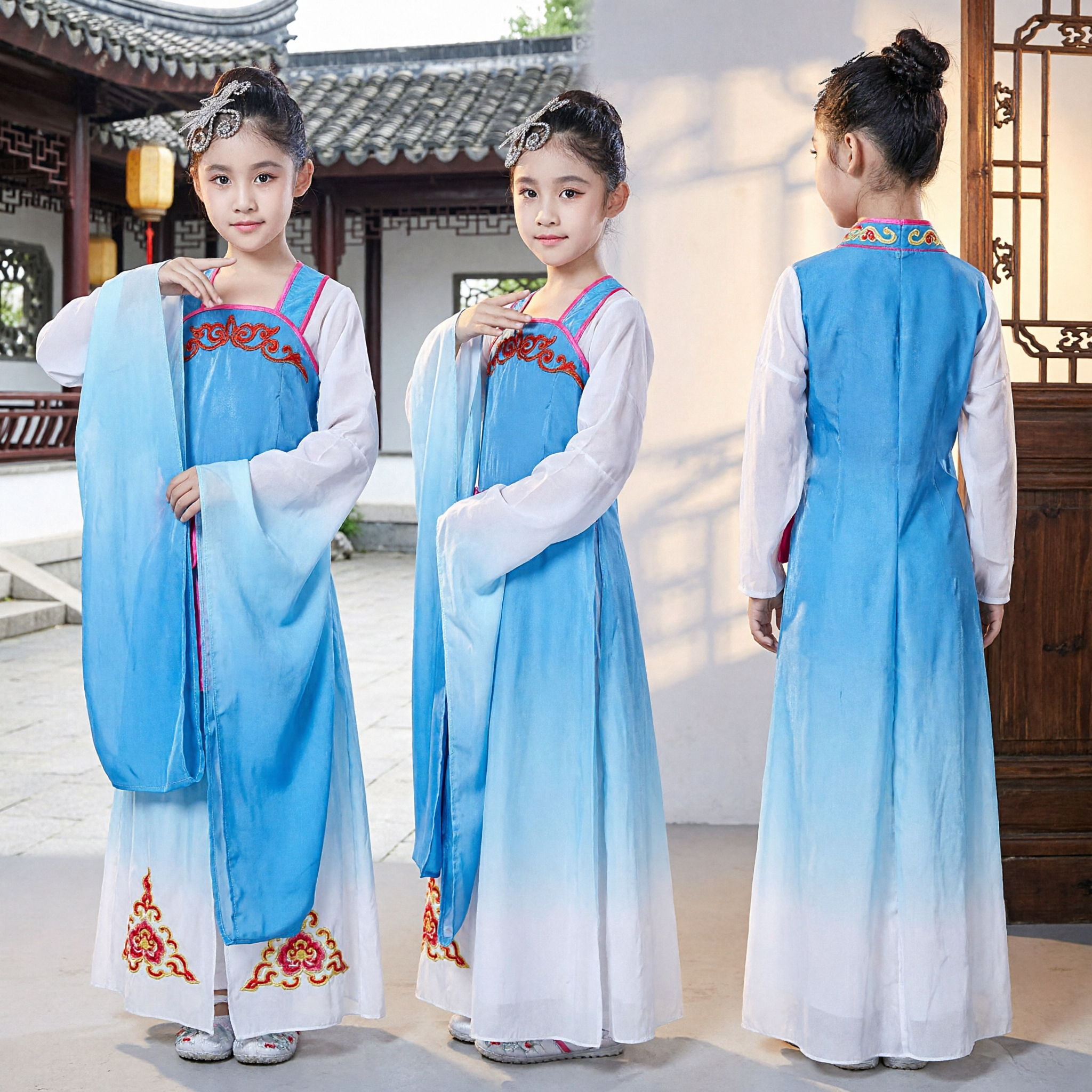 Tradycyjny strój Hanfu dla dzieci, niebieska starożytna sukienka wróżki, klasyczny strój taneczny dla dziewczynek na scenę - Asian Costume