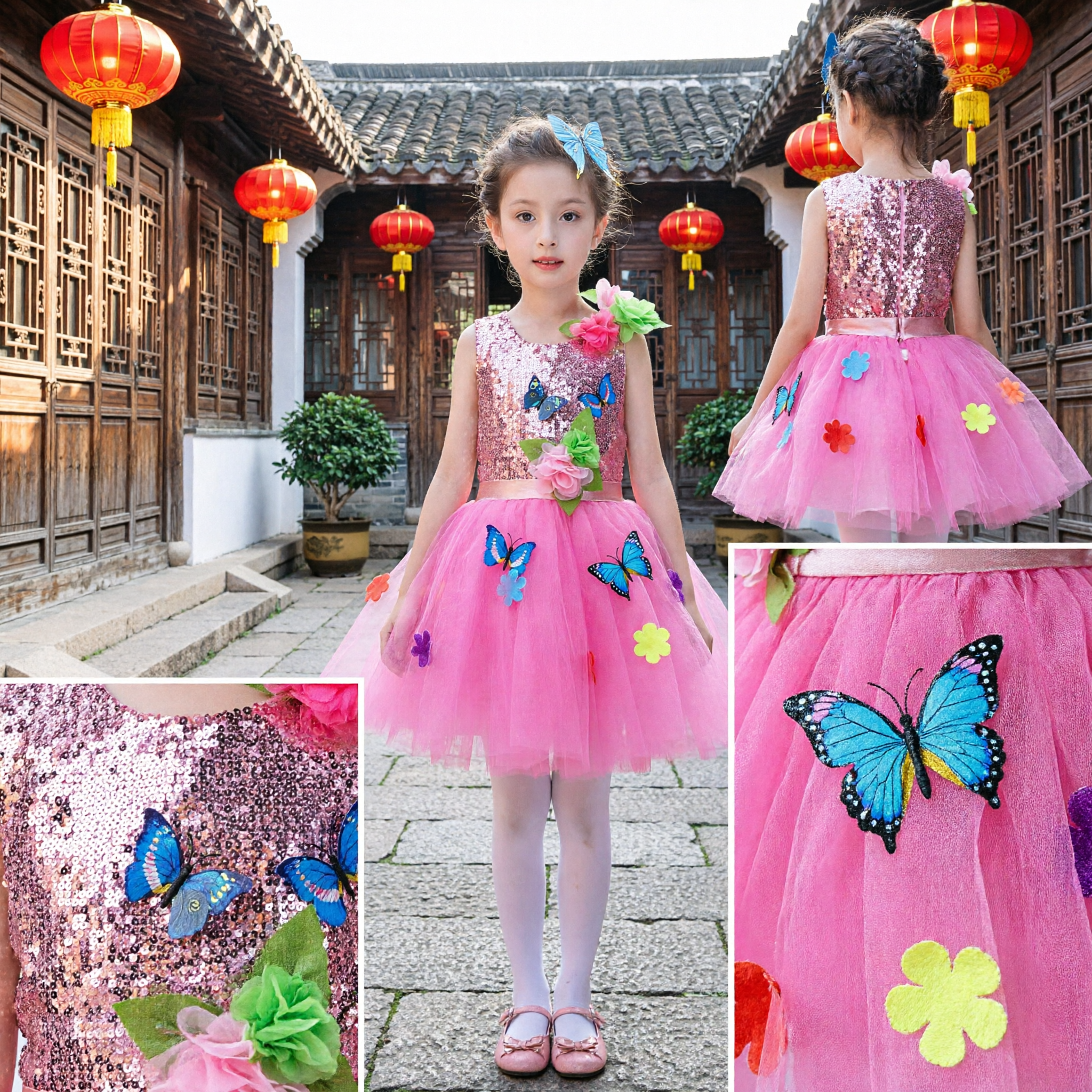 Mädchen Pink Pailletten Schmetterling Tutu-Kleid Kinder Frühlingsgarten Fee Tanzauftrittskostüm - Asian Costume