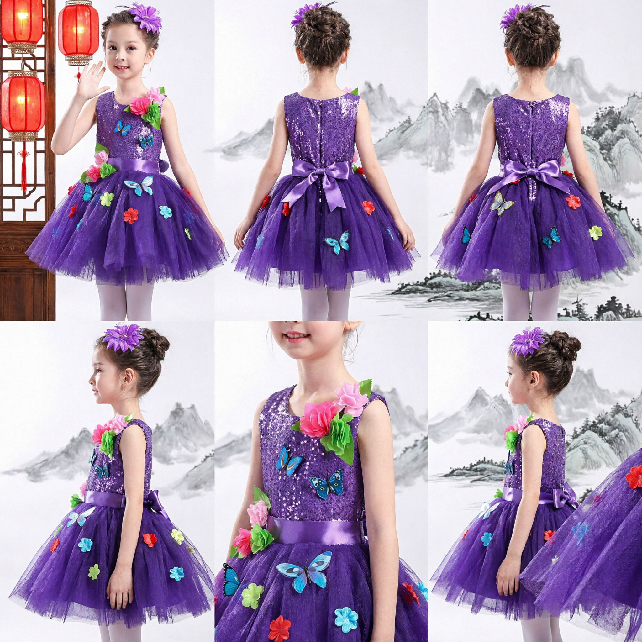Vestito Tutu con Paillettes Viola a Farfalle e Fiori per Bambine, Costume da Danza per Spettacoli e Feste - Asian Costume