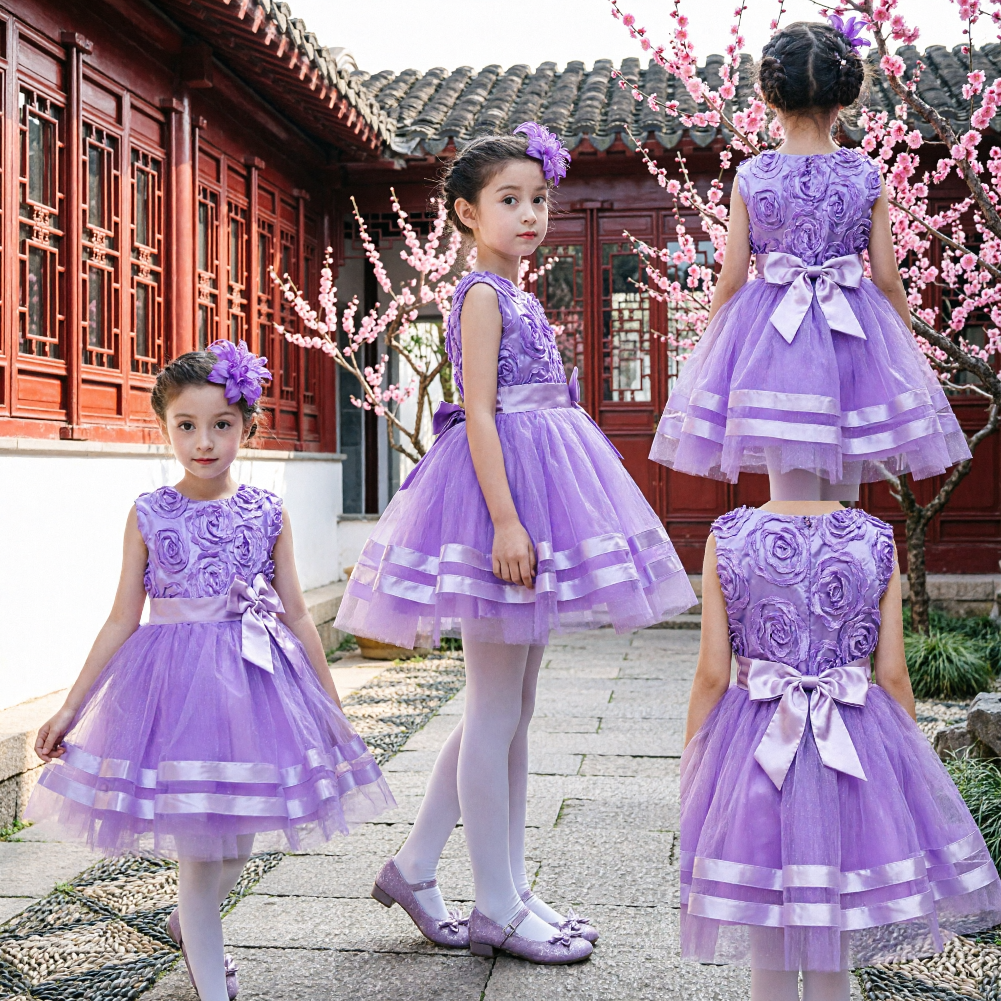 Vestido de Menina das Flores Roxo para Meninas, com Corpete com Roseta 3D e Saia de Tule para Performance em Casamento e Festa - Asian Costume