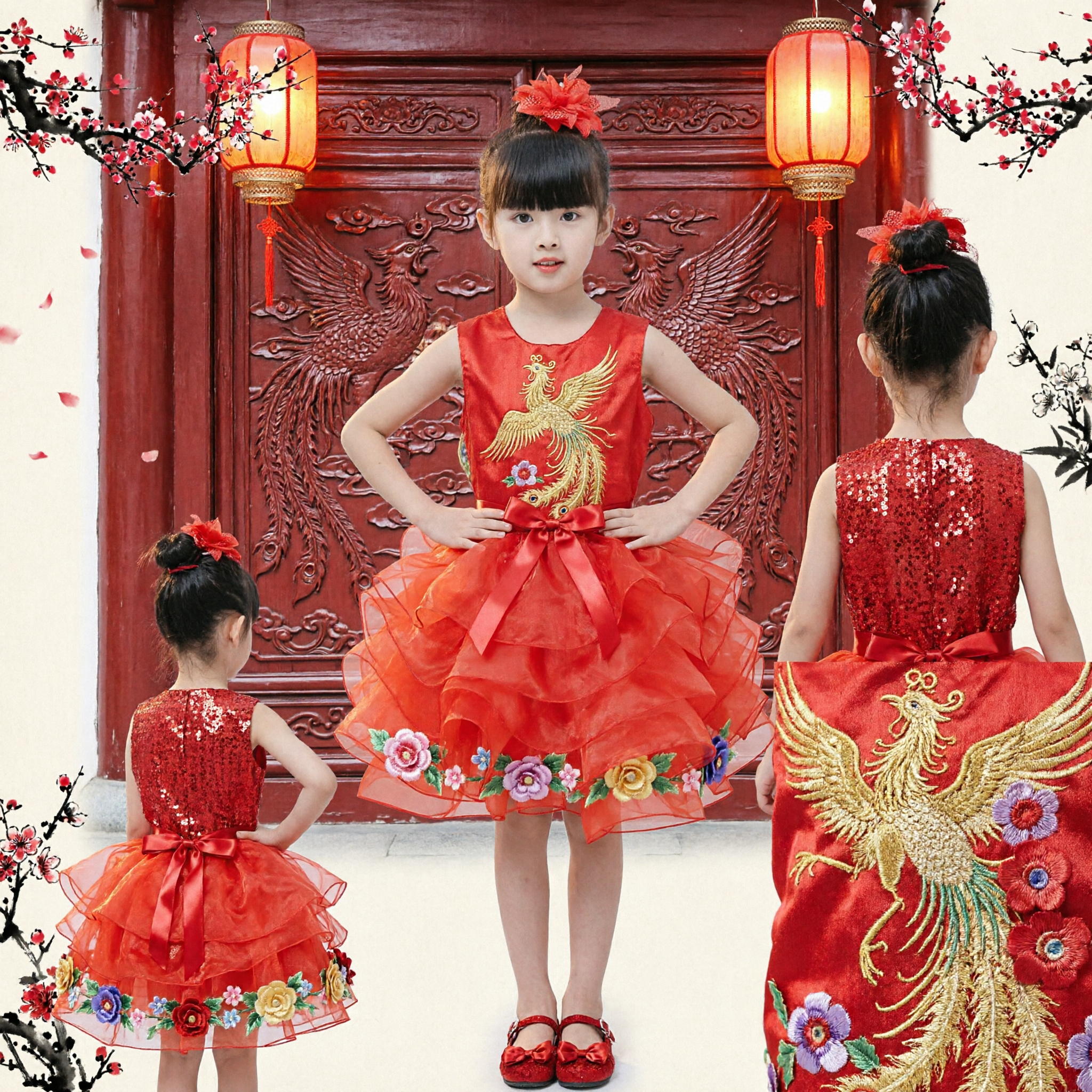 Vestido de Baile Floral con Purpurina Rojo para Niñas, Traje para Actuación Escénica Infantil, Tul para Festival de Coro - Asian Costume