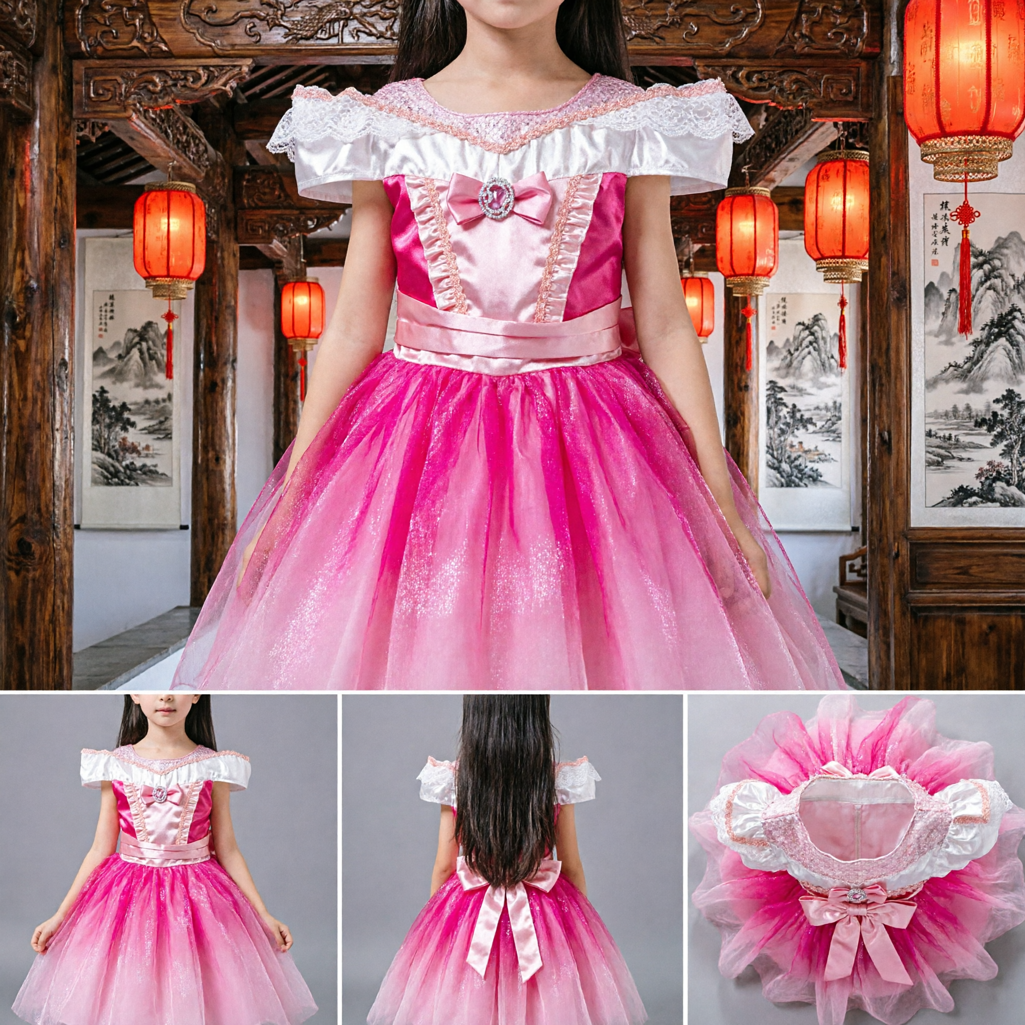 Costume da Principessa Rosa per Travestimenti Bambine, Abito Aurora (La Bella Addormentata) con Corona e Bacchetta per Halloween - Asian Costume