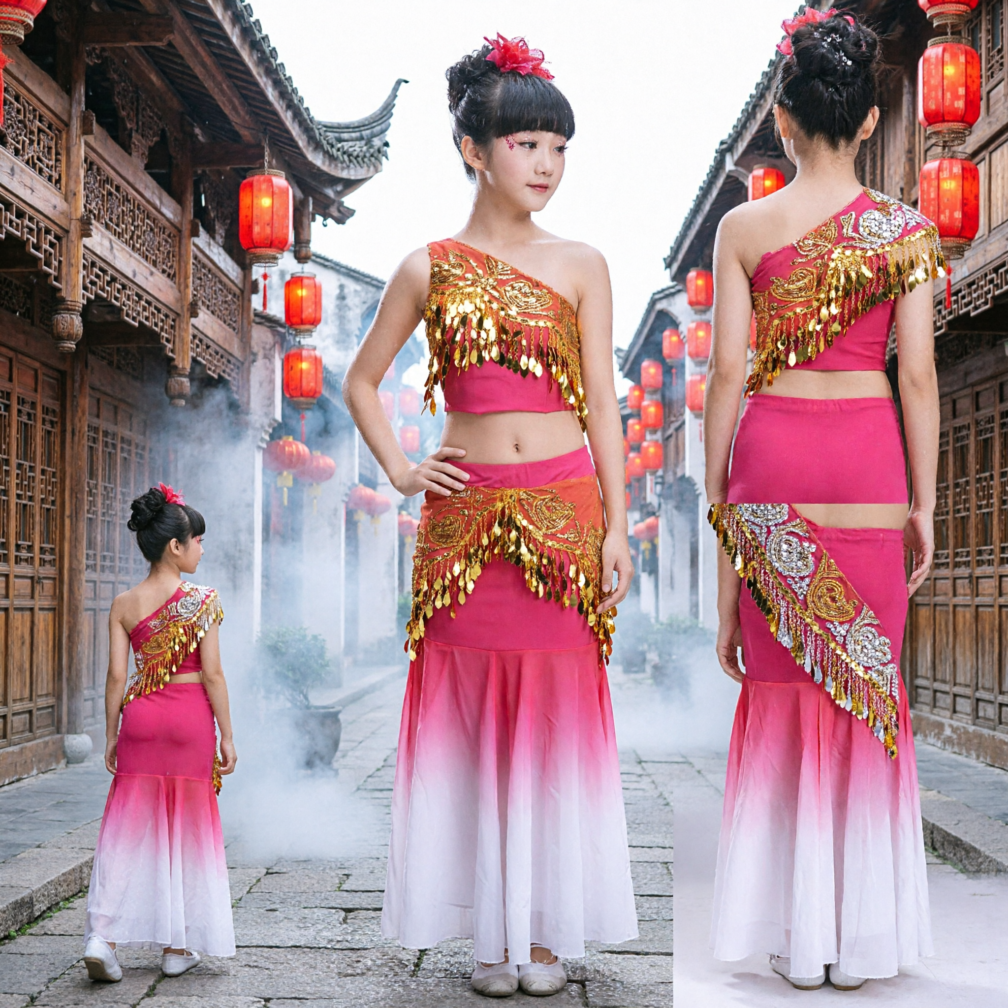 Traje Tradicional Chino de Danza del Pavo Real Étnico Dai para Niñas, Atuendo para Actuación Escénica con Purpurina Dorada y Falda Degradada - Asian Costume