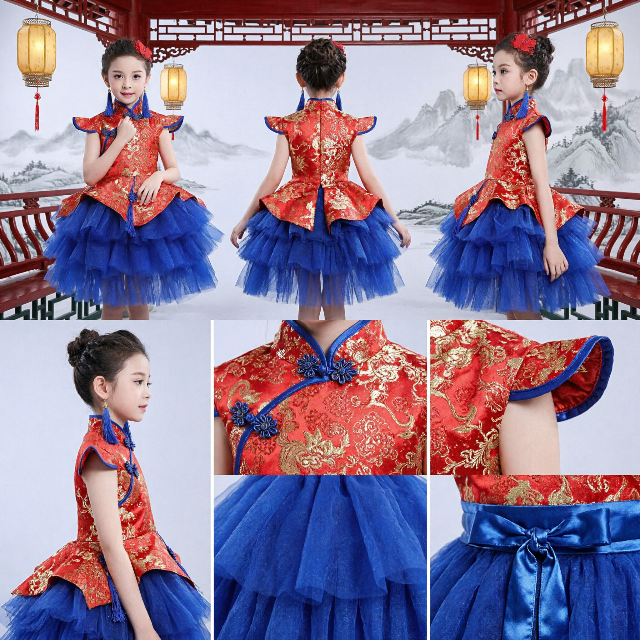 Vestito Cheongsam per Capodanno Cinese Bambine, Top Rosso Ricamato con Gonna Tutu Blu, Costume per Festival e Spettacoli Tradizionali - Asian Costume
