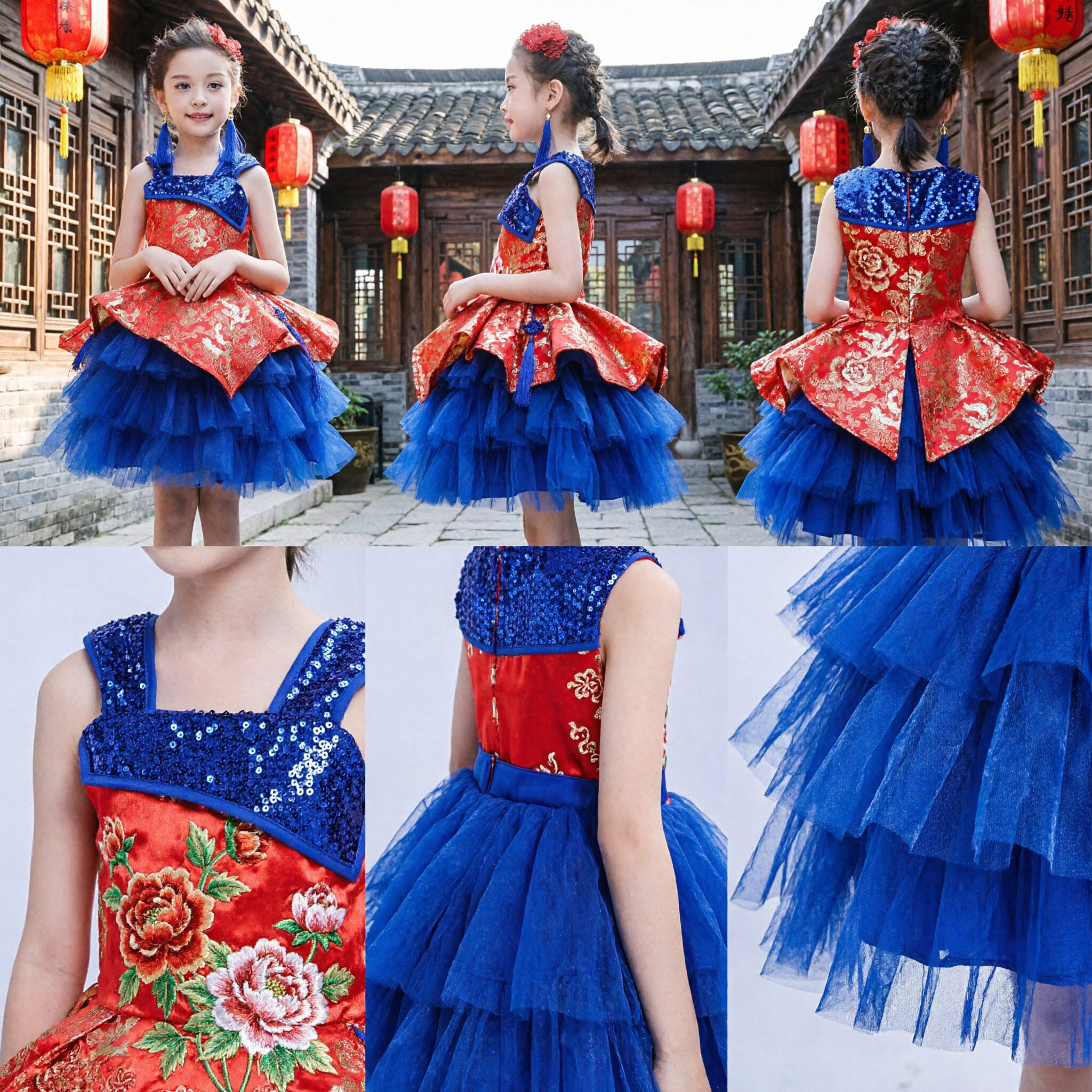 Vestito Tradizionale Cinese Qipao per Bambine, Top Rosso con Ricami Oro e Gonna Tulle Blu, Costume per Spettacoli - Asian Costume