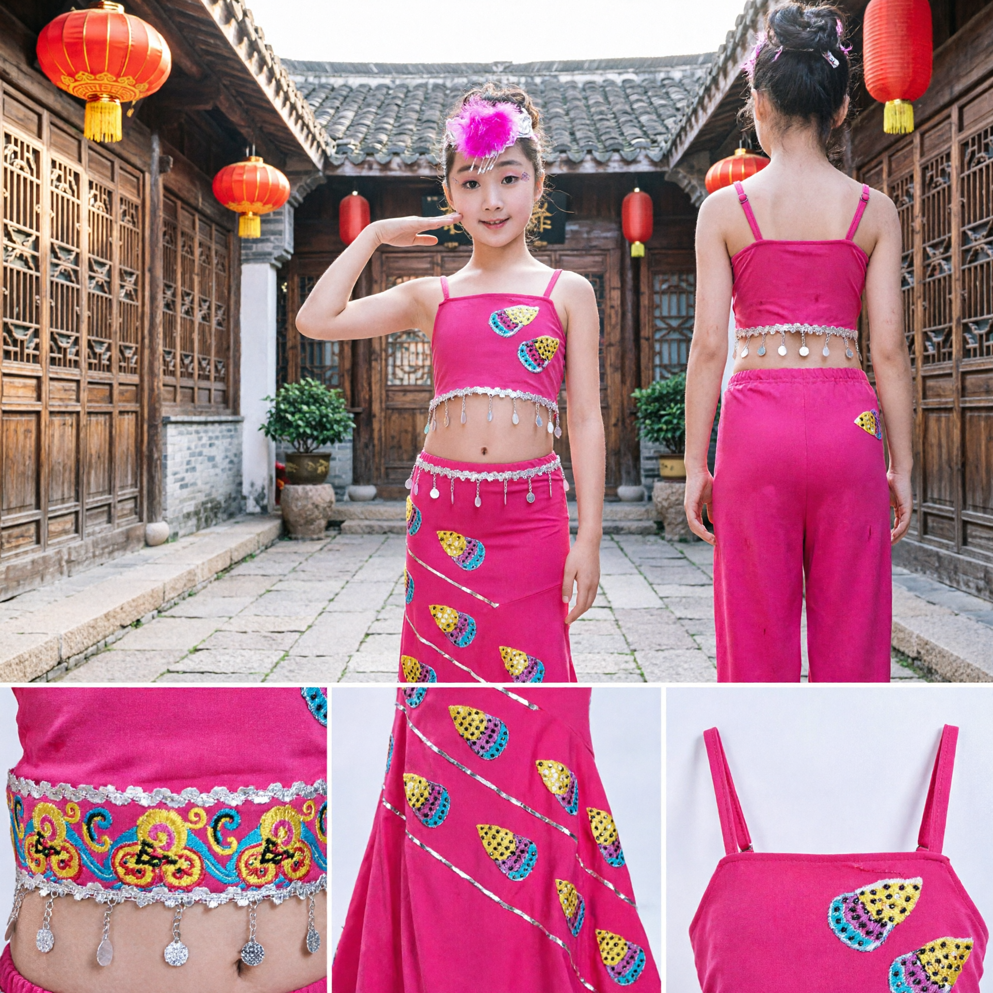 Costume de danse du paon de l'ethnie Dai chinoise pour enfant, robe traditionnelle folklorique pour fille, tenue rose pour spectacle sur scène - Asian Costume
