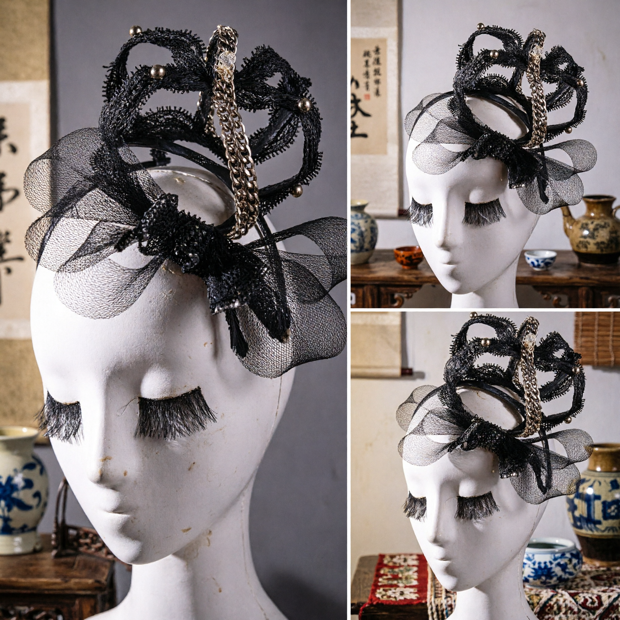 Fascinator Elegante con Piume Nere e Decorazioni a Catena Dorata per Donne, per Matrimoni, Corse ed Eventi Formali - Asian Costume