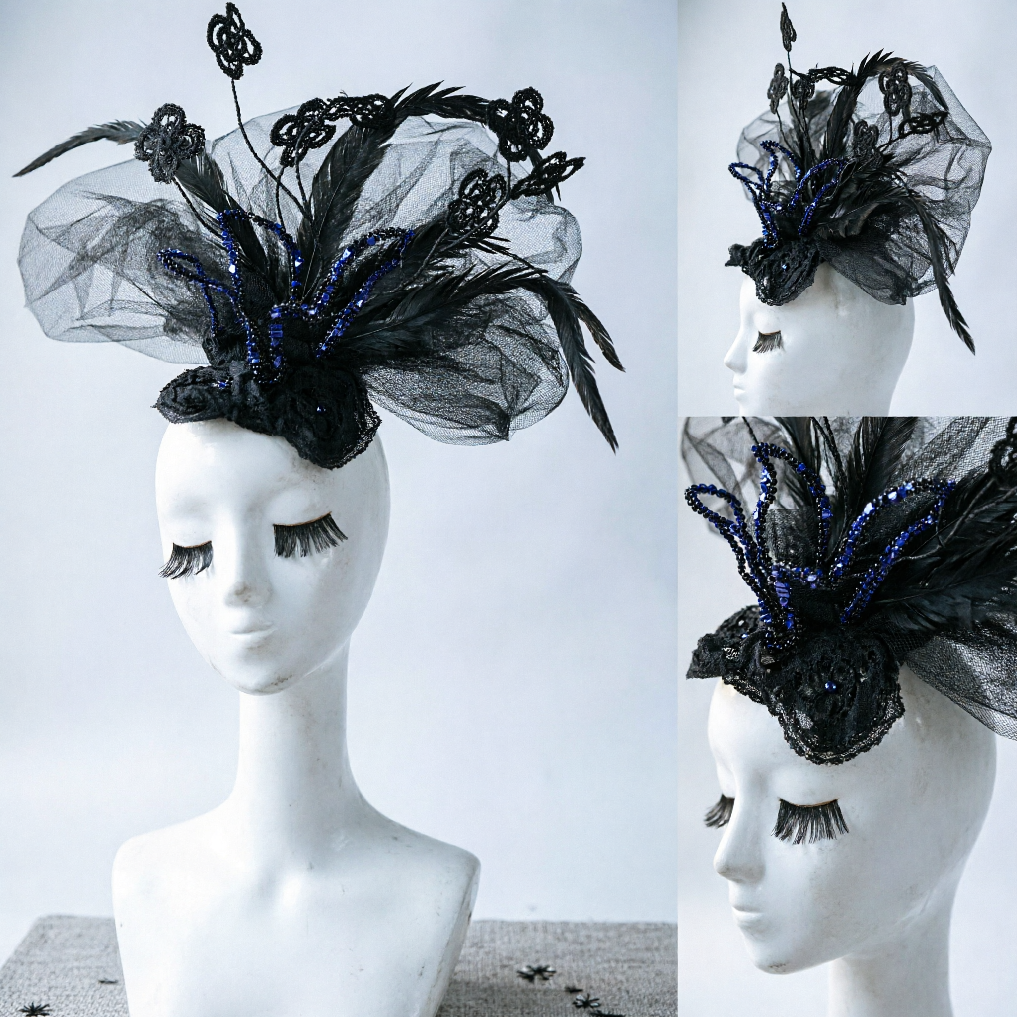 Fascinator Elegante Nero con Piume e Tulle per Donne, con Decorazioni Floreali per Matrimoni e Royal Ascot - Asian Costume
