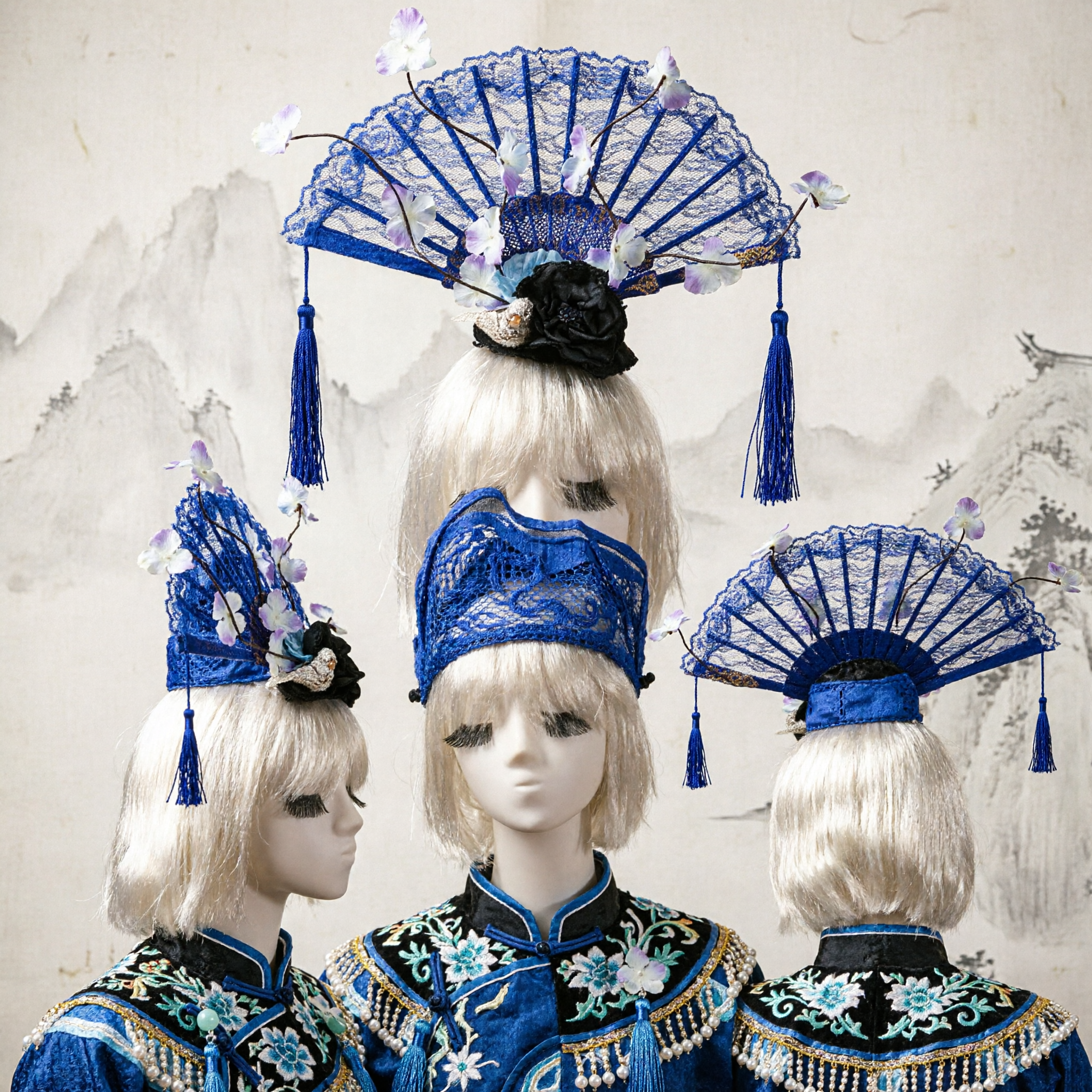 Acessório de Cabelo Leque de Renda Azul Tradicional Chinês com Orquídeas, para Traje Hanfu e Performance de Dança - Asian Costume