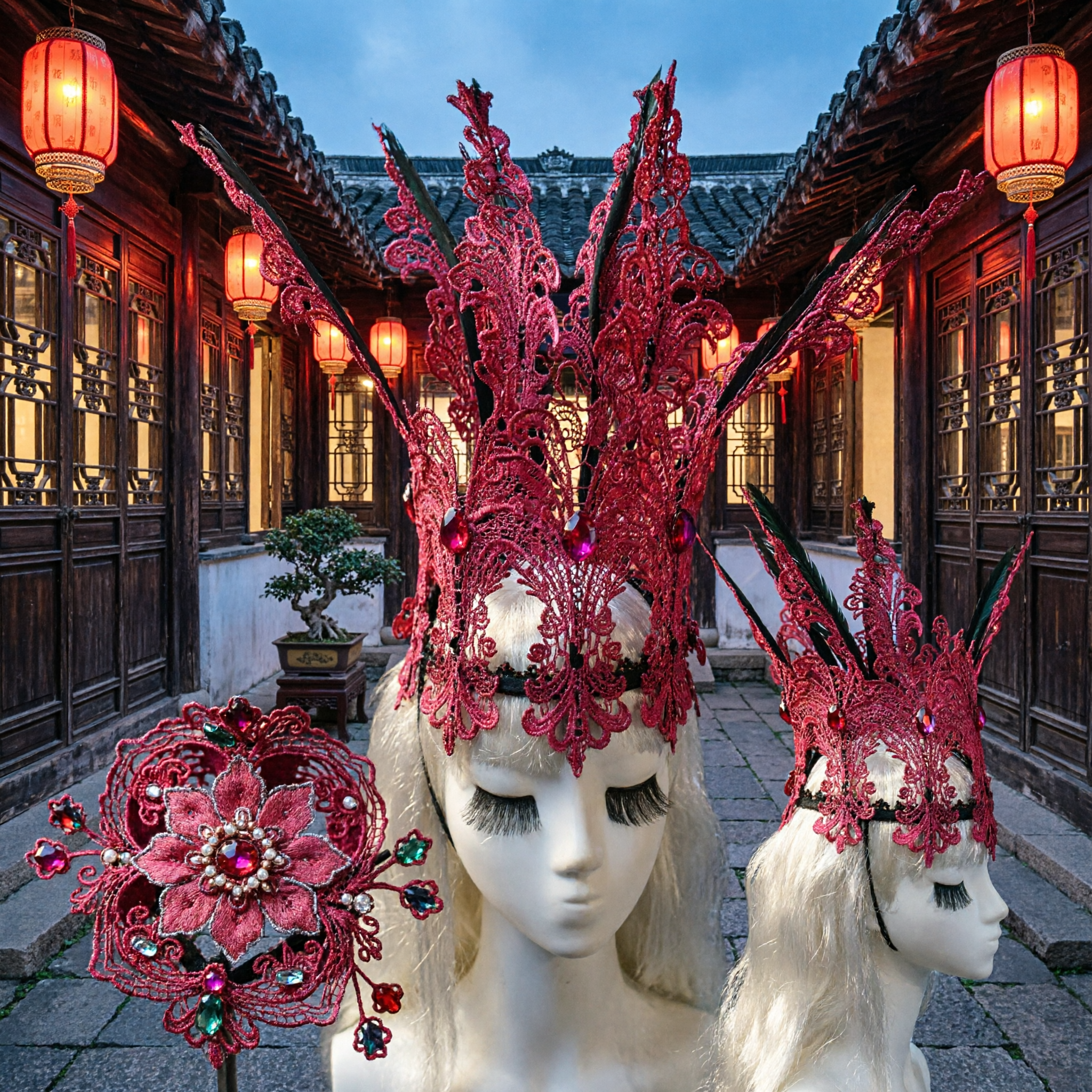 Corona Copricapo con Pizzo e Piume Borgogna per Donne per Carnevale Maschera Costume da Spettacolo - Asian Costume