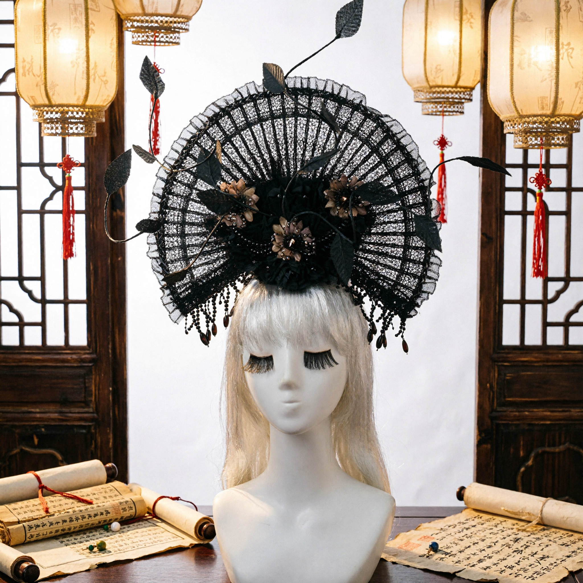Элегантная черная кружевная веерообразная шляпка-фасцинатор с цветочными акцентами для традиционного костюма и свадеб - Asian Costume