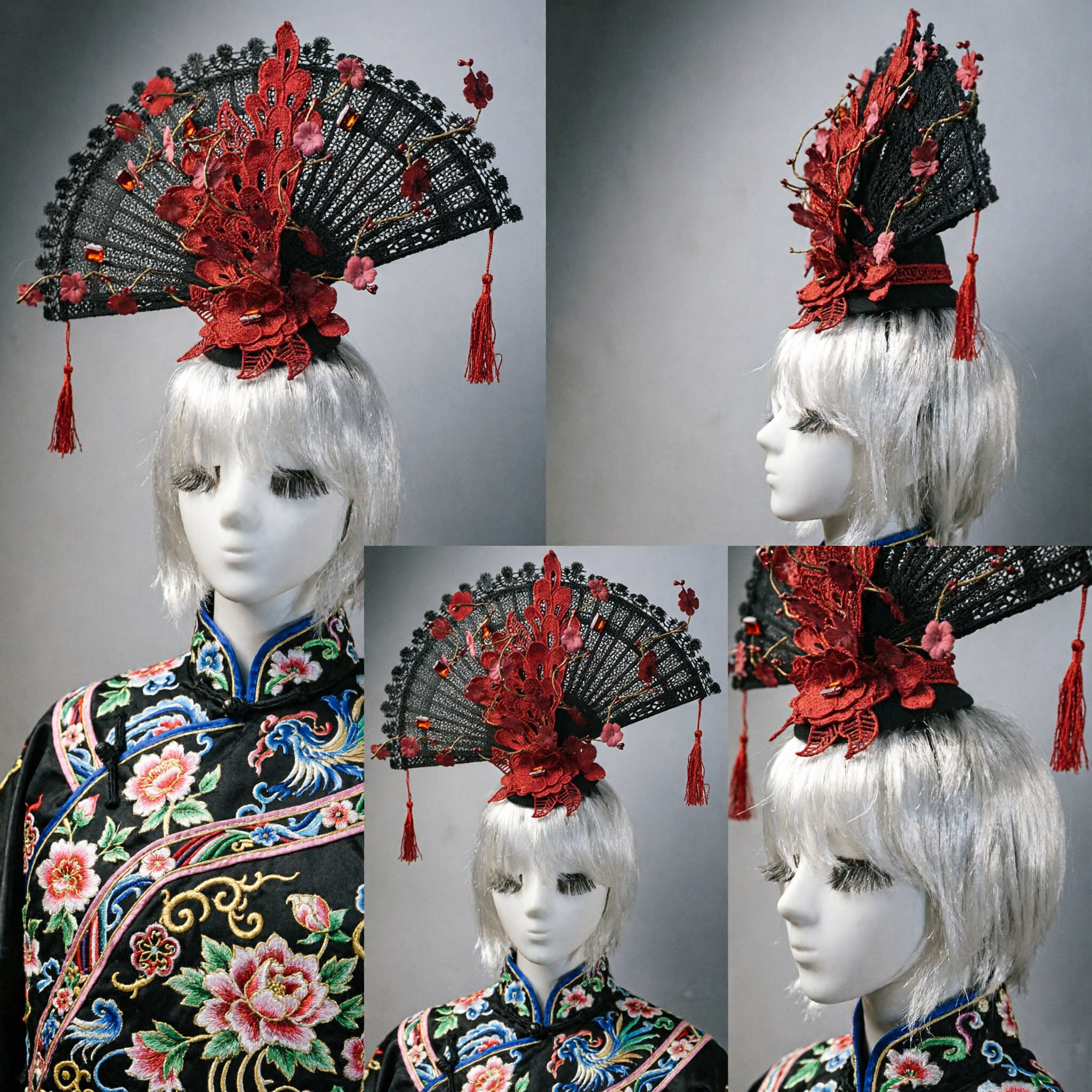 Exquisite Traditional Chinese Red Floral Fan Hair Comb Headpiece with Tassels for Hanfu Wedding - Asian Costume