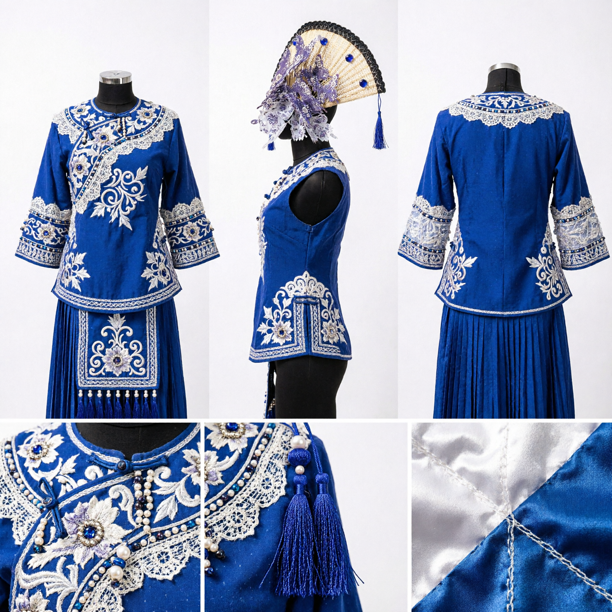 Leque Dobrável de Renda Azul Tradicional Chinês Requintado com Detalhes Florais e Borlas para Danças Hanfu - Asian Costume
