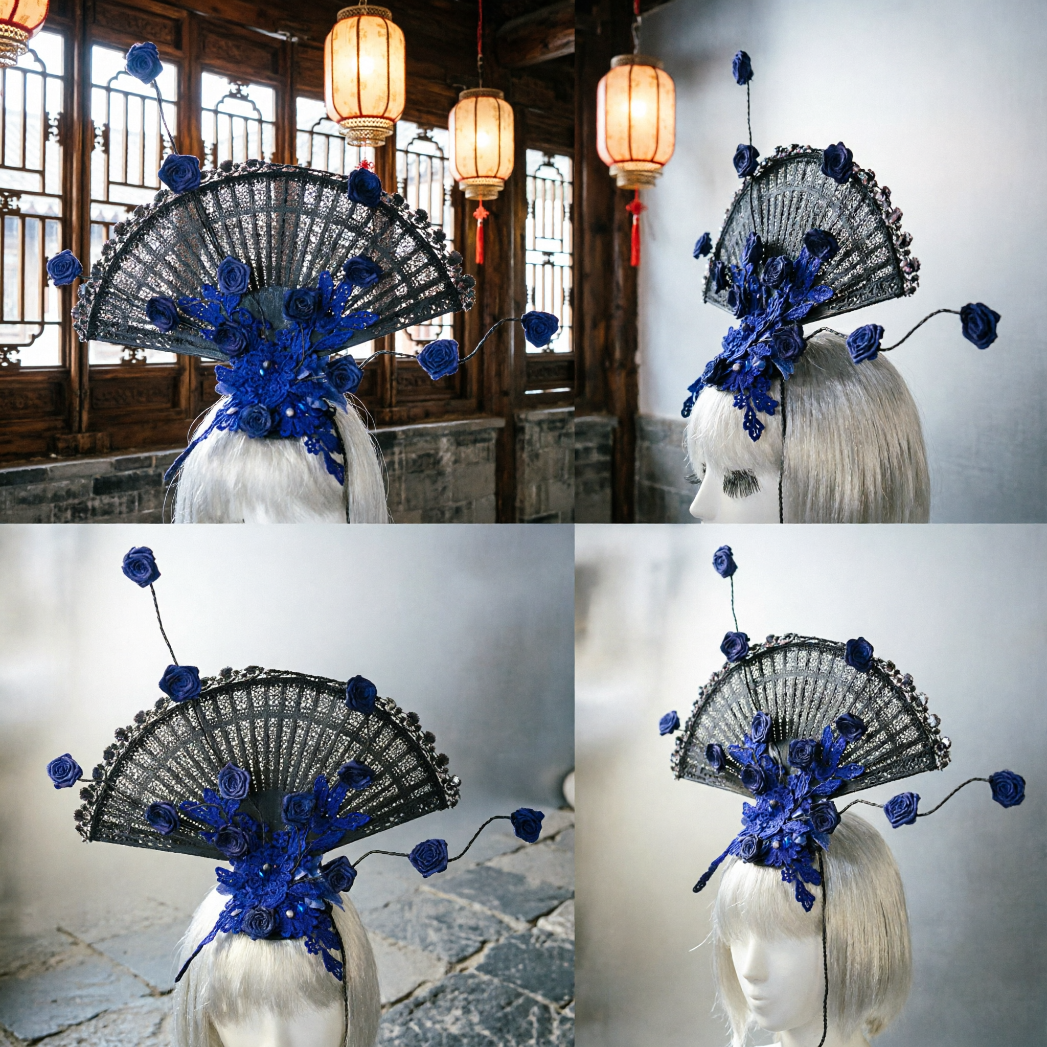 Exquisite Chinese Traditional Fan Hair Crown with Blue Roses for Hanfu Wedding Bridal Headpiece - Asian Costume