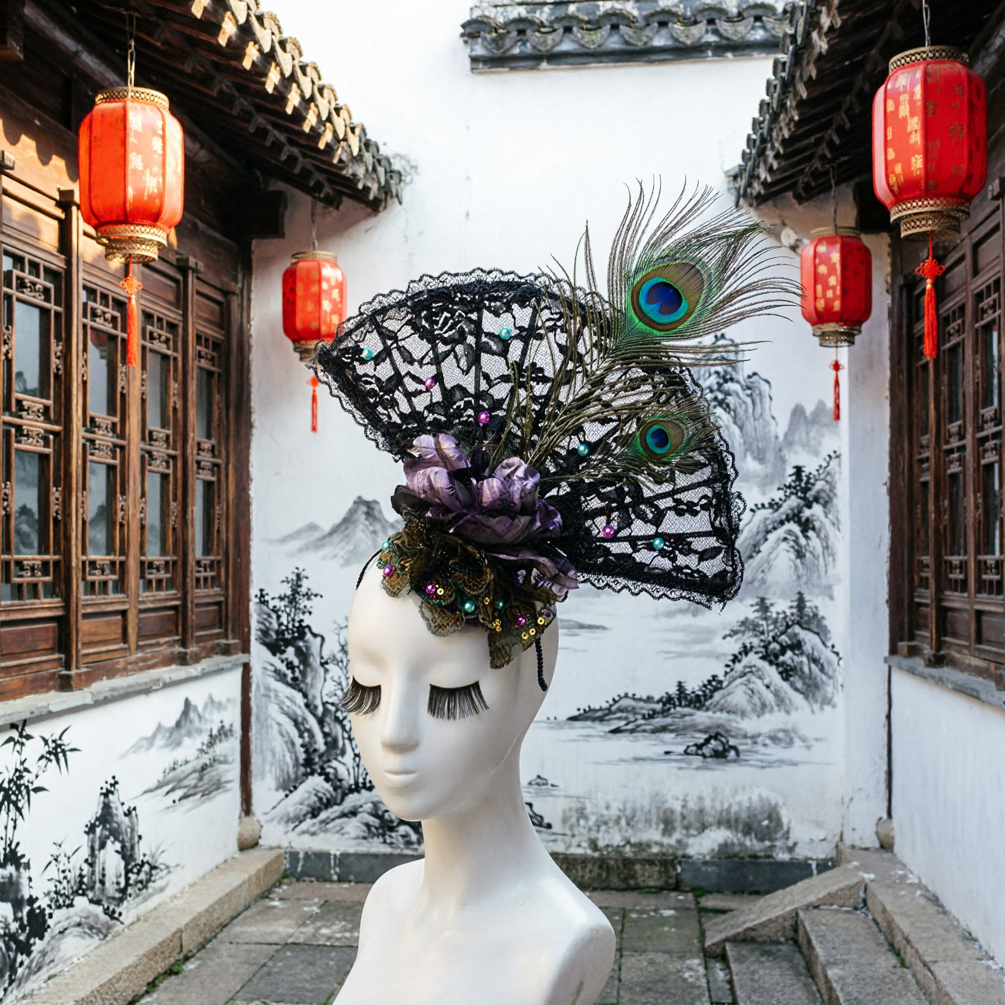 Fascinator a Ventaglio in Pizzo Nero Elegante con Piuma di Pavone e Rose Viola per Festa in Maschera Vittoriana - Asian Costume