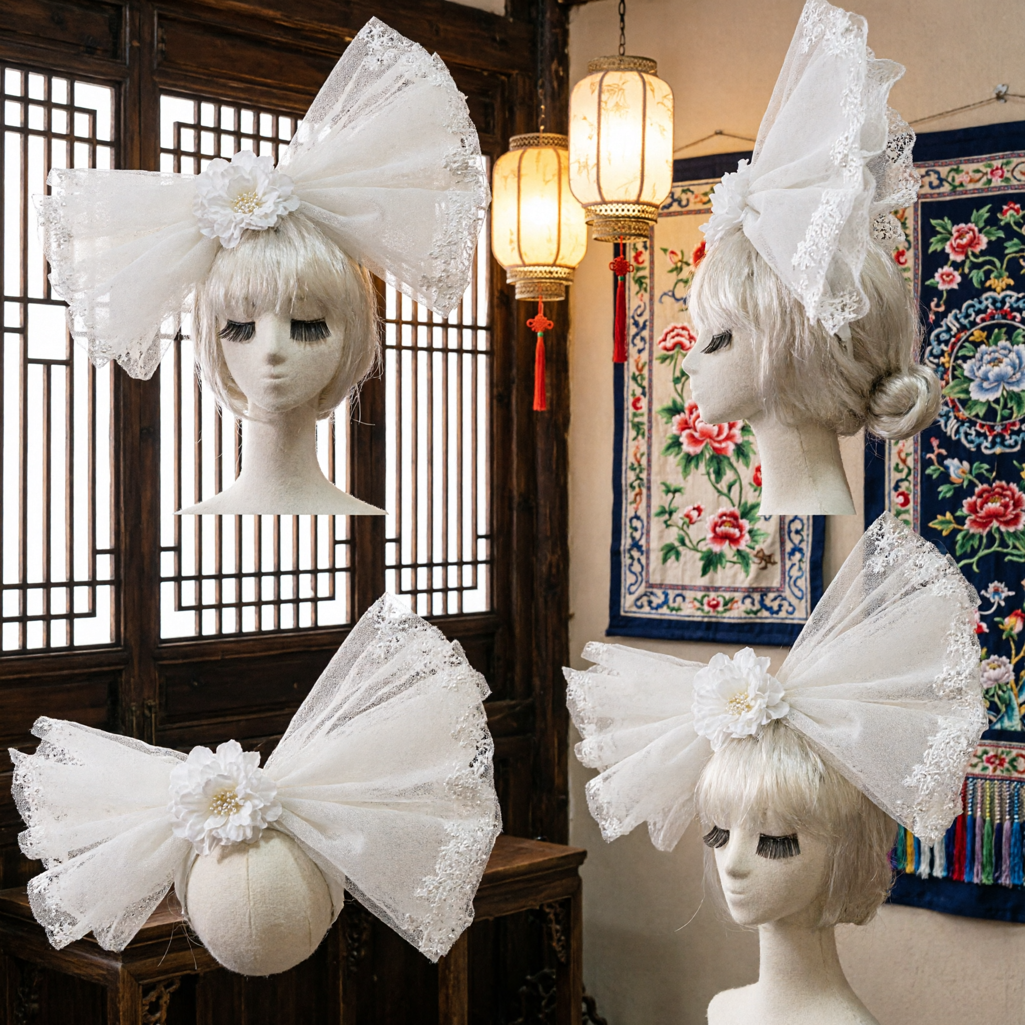 Большой белый кружевной бант для волос с цветочной центральной деталью для свадебной невесты, цветочницы, принцессы - Asian Costume