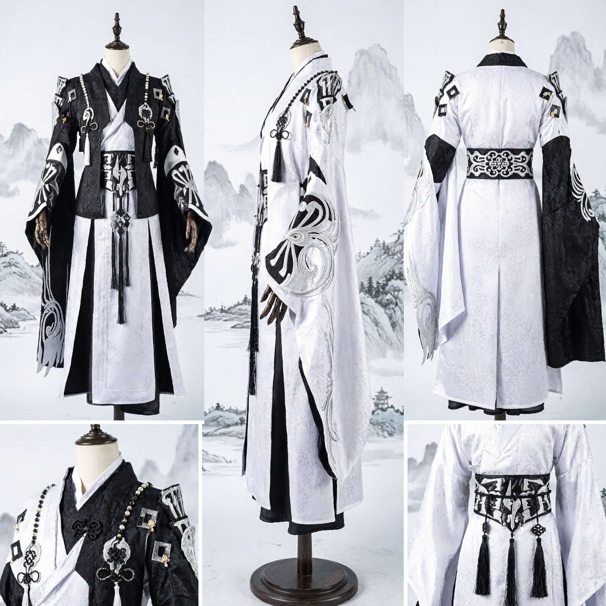 Traditioneel Chinees Oude Zwaardvechter Hanfu Kostuum Zwart en Wit Wuxia Cosplay Outfit voor Mannen - Asian Costume