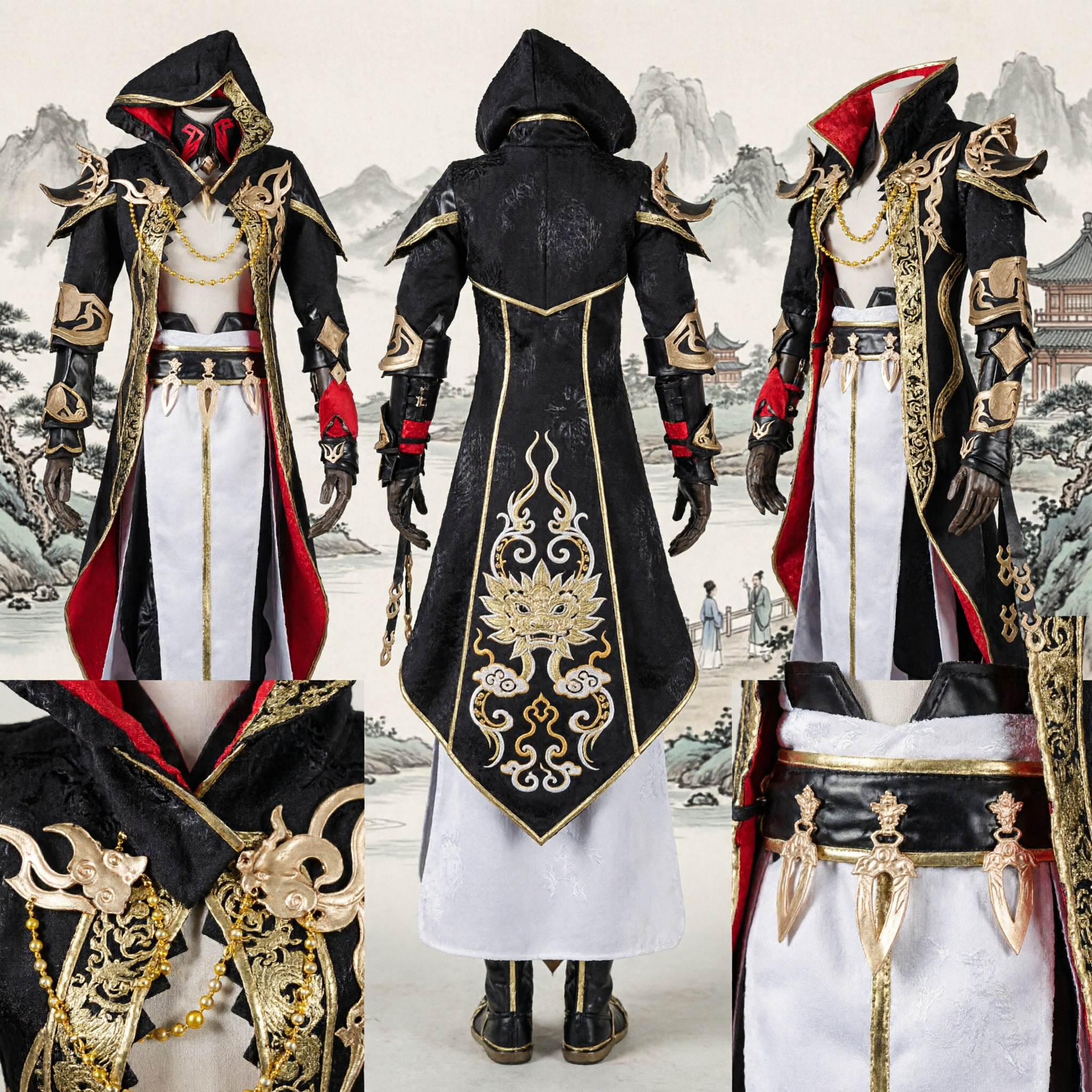 Costume de Cosplay d'Assassin avec Capuche Noir et Or pour Hommes, Tenue de Jeu de Rôle Fantastique pour Fête d'Halloween - Asian Costume