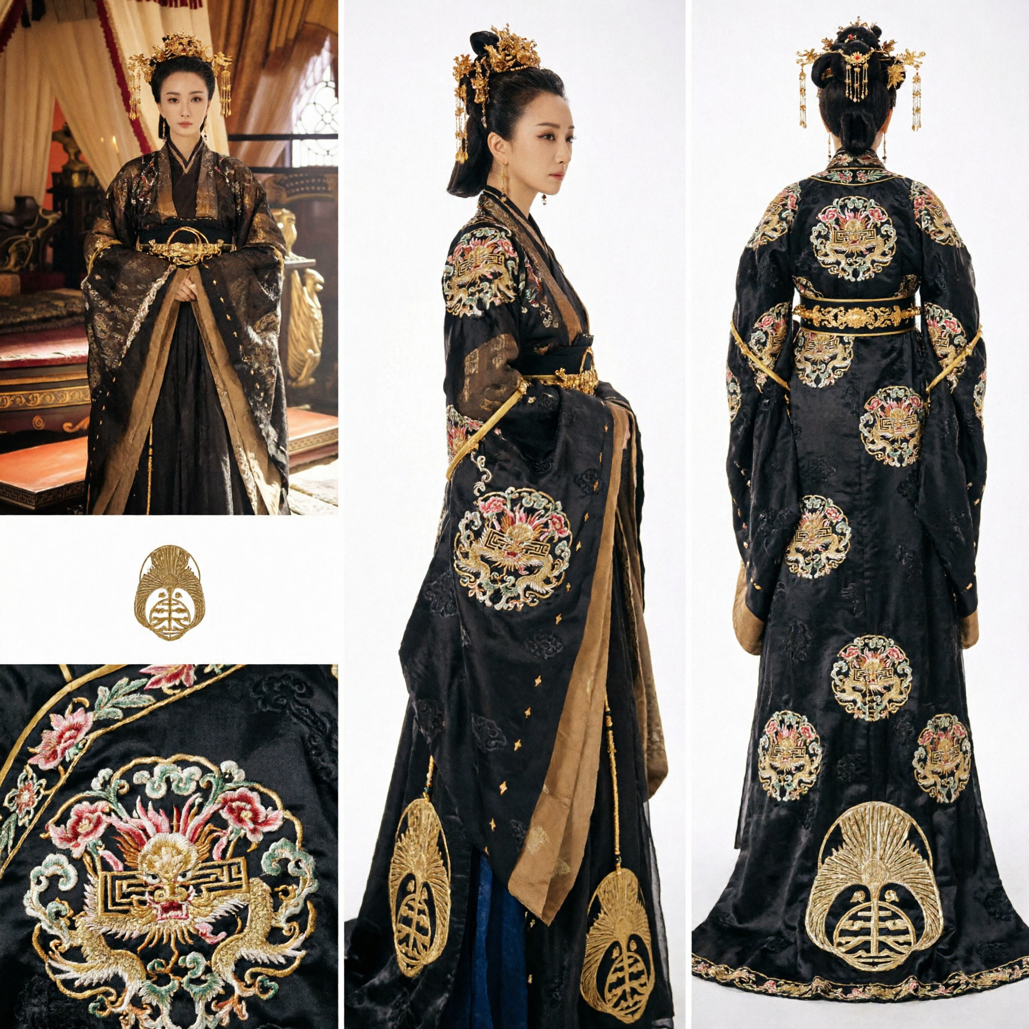 Antikes chinesisches Kaiserinnen-Hanfu-Kostüm, schwarz-gold besticktes Palastkleid für Frauen, historisches Cosplay - Asian Costume