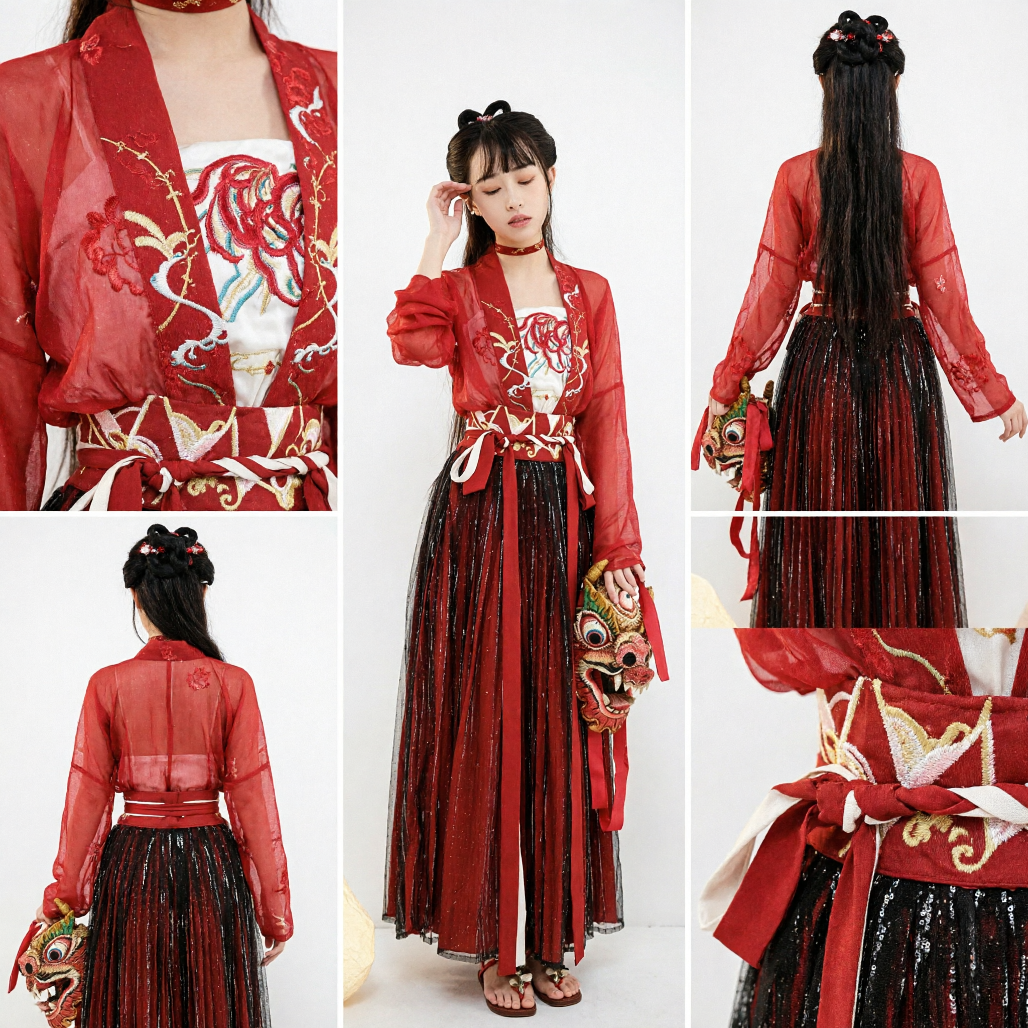 女性用赤い伝統的中国漢服 獅子舞刺繍付き 舞台パフォーマンスと祭り用 - Asian Costume