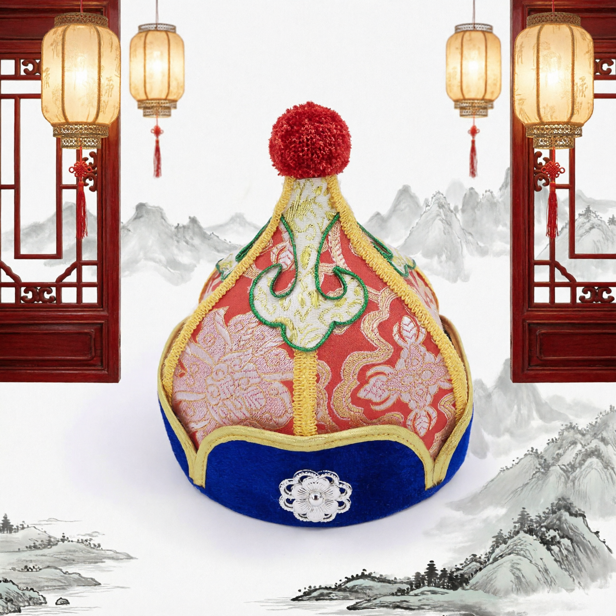 Traditional Chinese Mongolian Ethnic Minority Hat Red Brocade Embroidery Headwear for Folk Dance and Festivals - Asian Costume