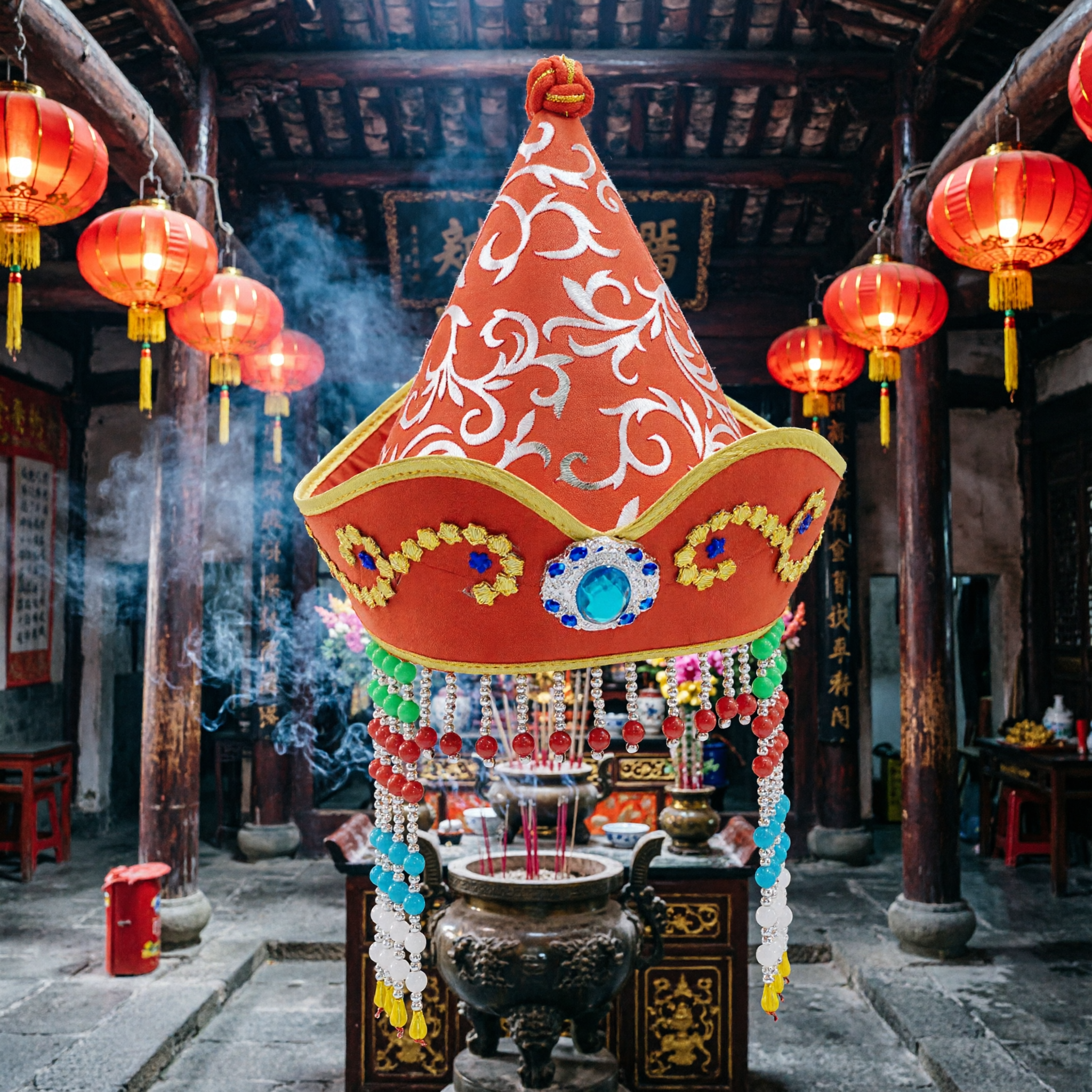 Traditionele Chinese Etnische Oranje Kegelhoed met Blauwe Edelsteen en Kralen Franje voor Vrouwen Volksdans Optreden - Asian Costume