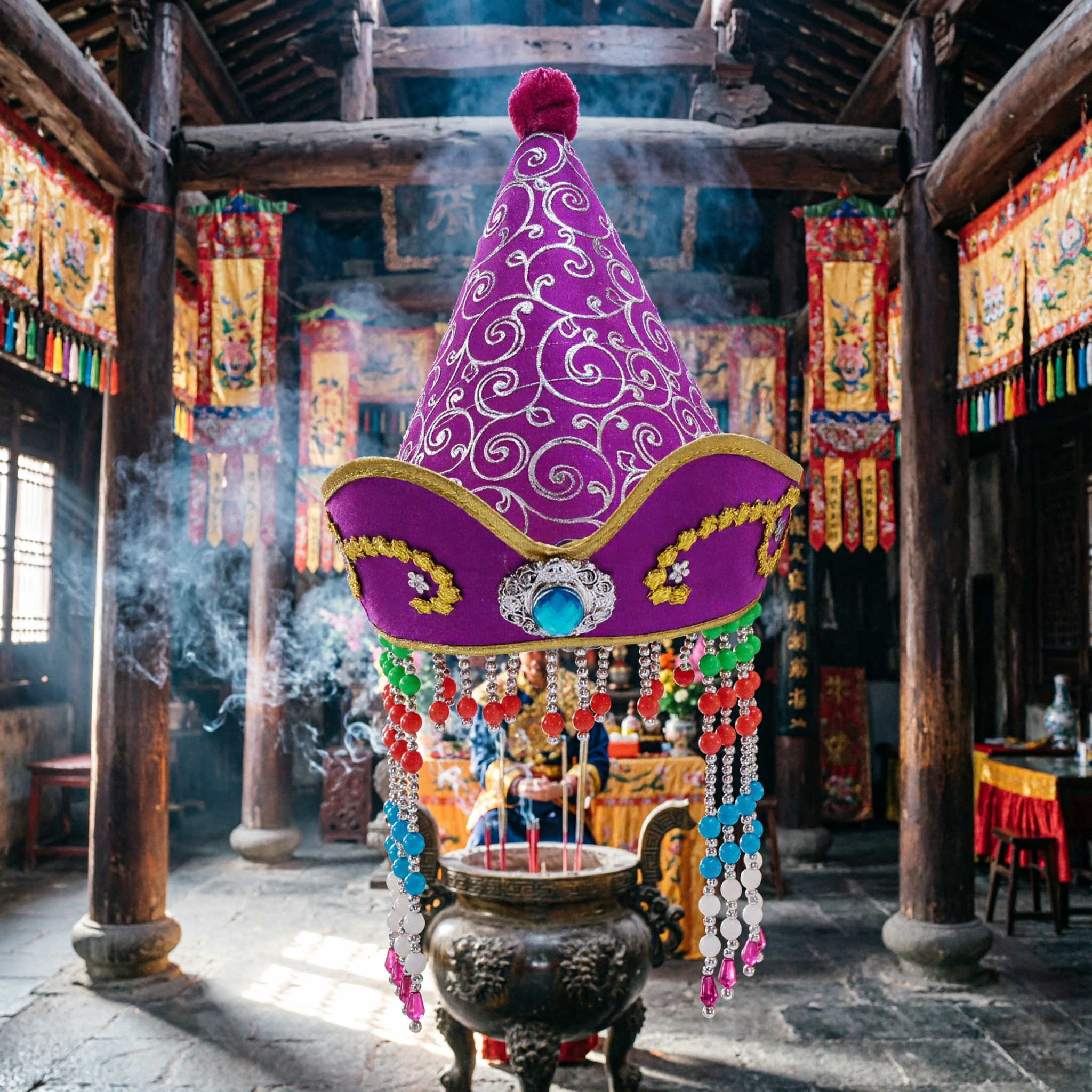 Paarse Chinese Etnische Minderheden Volksdans Hoed met Borduurwerk en Kralen Kwasten voor Podiumoptreden - Asian Costume