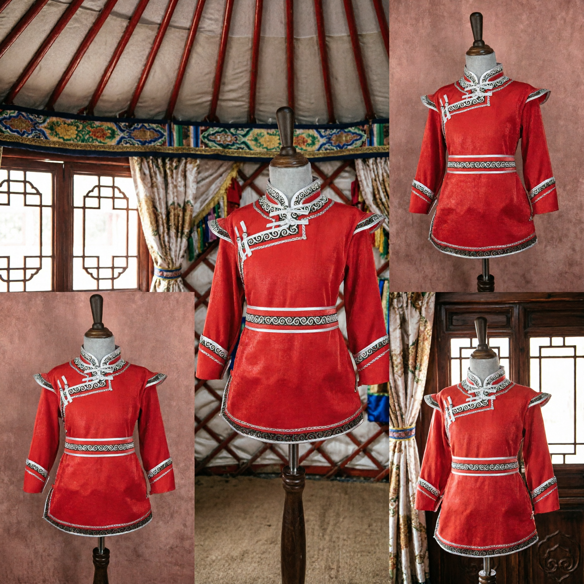 Traditional Red Mongolian Ethnic Costume Top with Silver Embroidery for Women Folk Dance Performance - Asian Costume