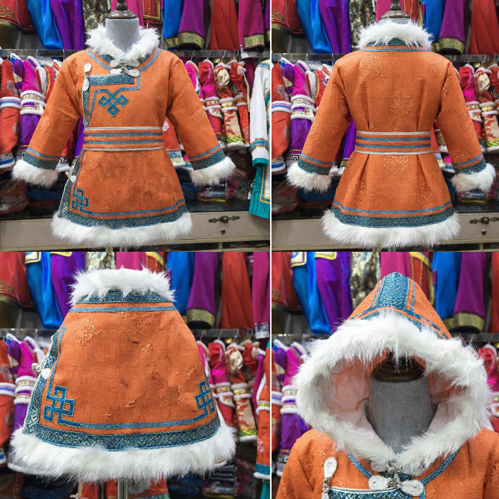 Túnica Mongol Naranja Tradicional con Capucha de Piel Blanca y Bordado Traje Étnico de Invierno para Niños - Asian Costume