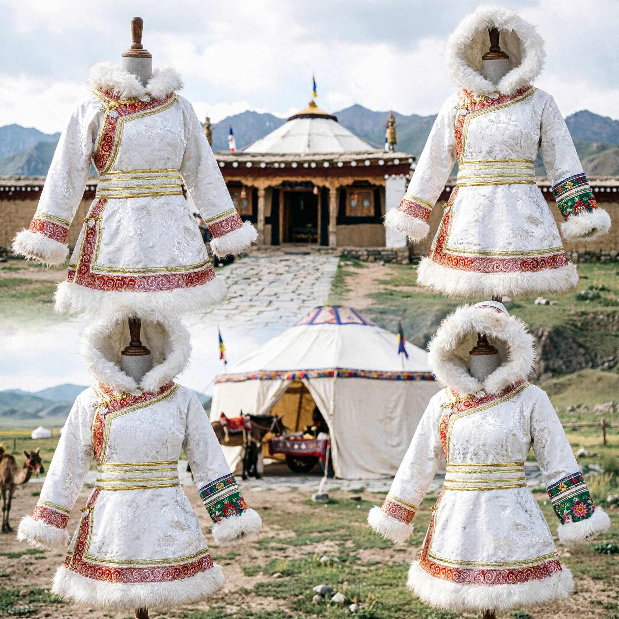 Tradycyjna mongolska biała szata z kapturem z futrzanym wykończeniem etniczny strój dla kobiet na zimowe festiwale i występy sceniczne - Asian Costume