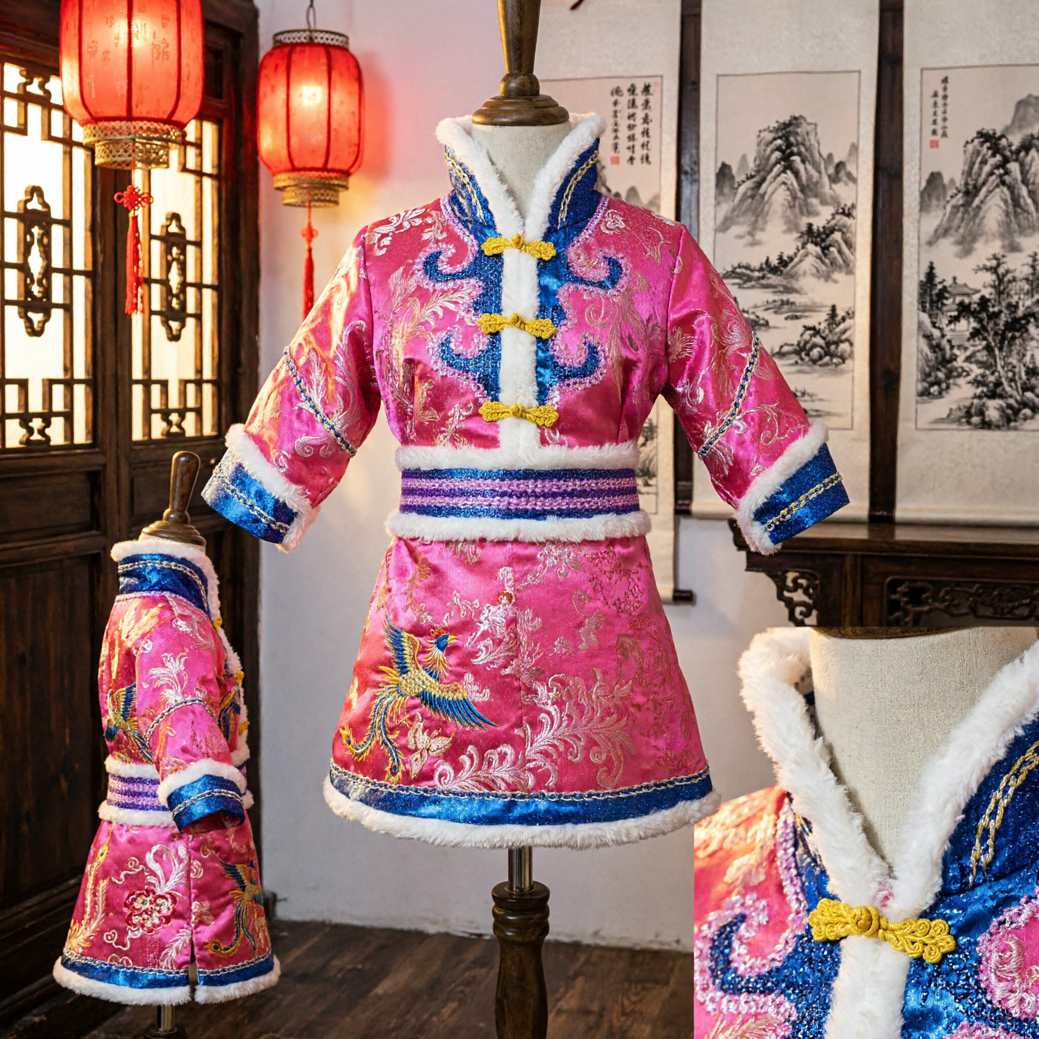 Costume de danse folklorique mongole chinoise traditionnel - Robe en brocart rose avec bordure en fourrure pour spectacle de filles sur scène - Asian Costume