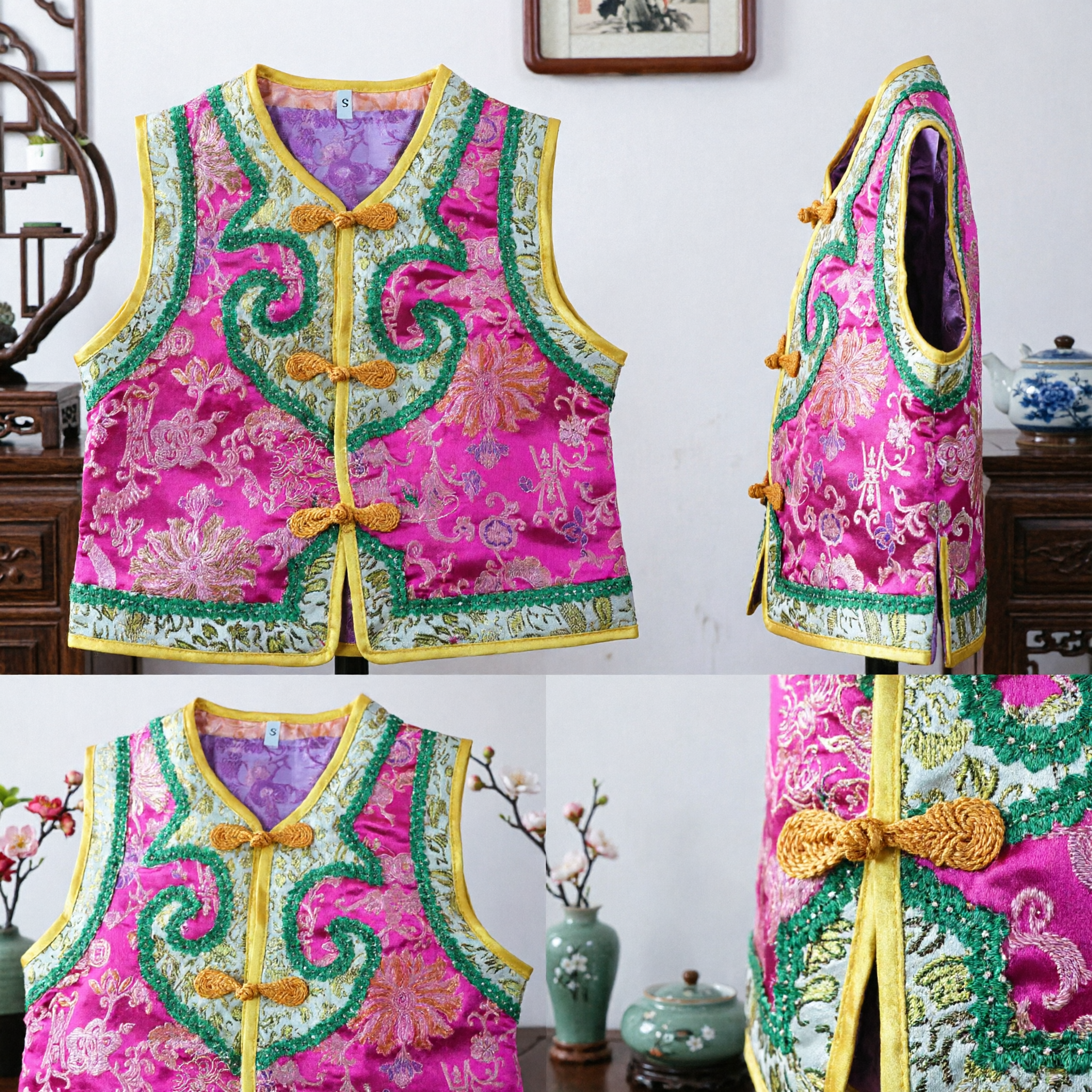 Gilet traditionnel chinois en brocart rose Tang Suit à motifs floraux - Costume folklorique pour filles pour le Nouvel An - Asian Costume