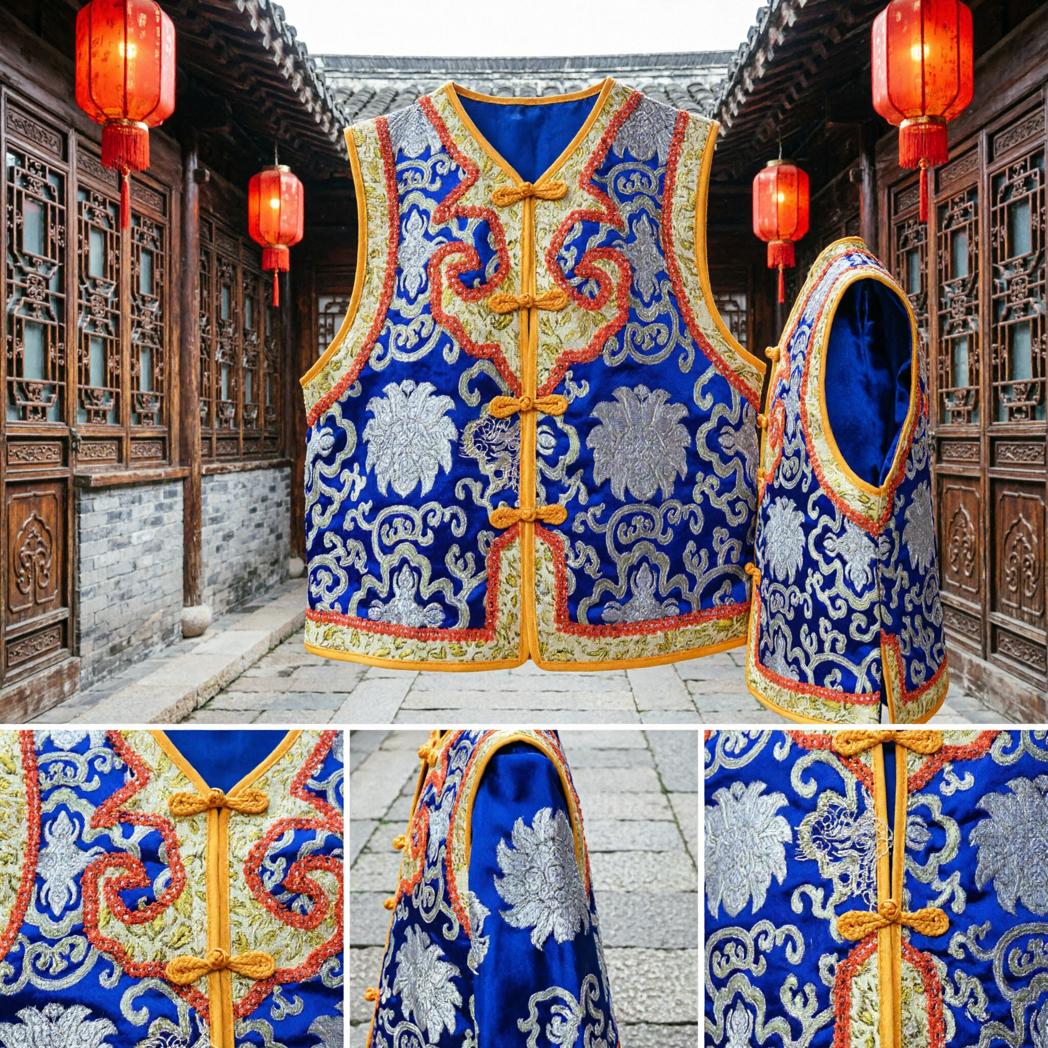 Gilet traditionnel chinois en brocart de soie bleue Tang Suit pour hommes et femmes - Costume de performance pour festivals - Asian Costume