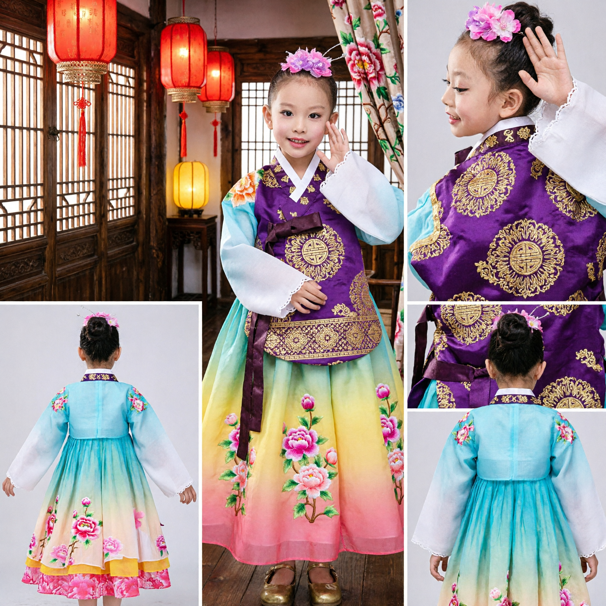 Traje de Dança Hanbok Coreano Tradicional para Meninas Crianças, Vestido Colorido de Gradiente Floral para Performance no Palco - Asian Costume