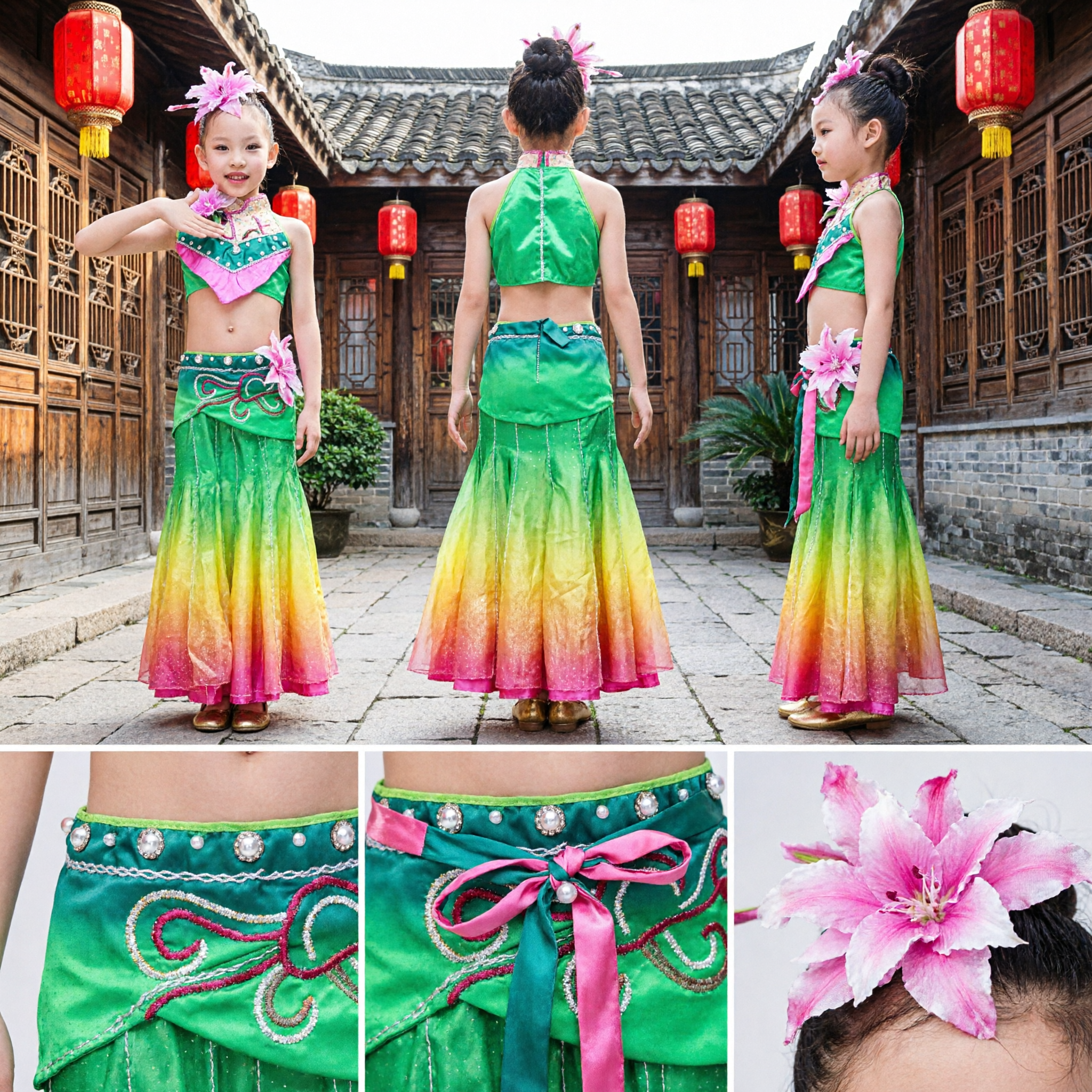 Costume de Danse du Paon de l'Ethnie Dai pour Enfants - Robe de Spectacle Folklorique Chinois Traditionnel pour Filles - Asian Costume