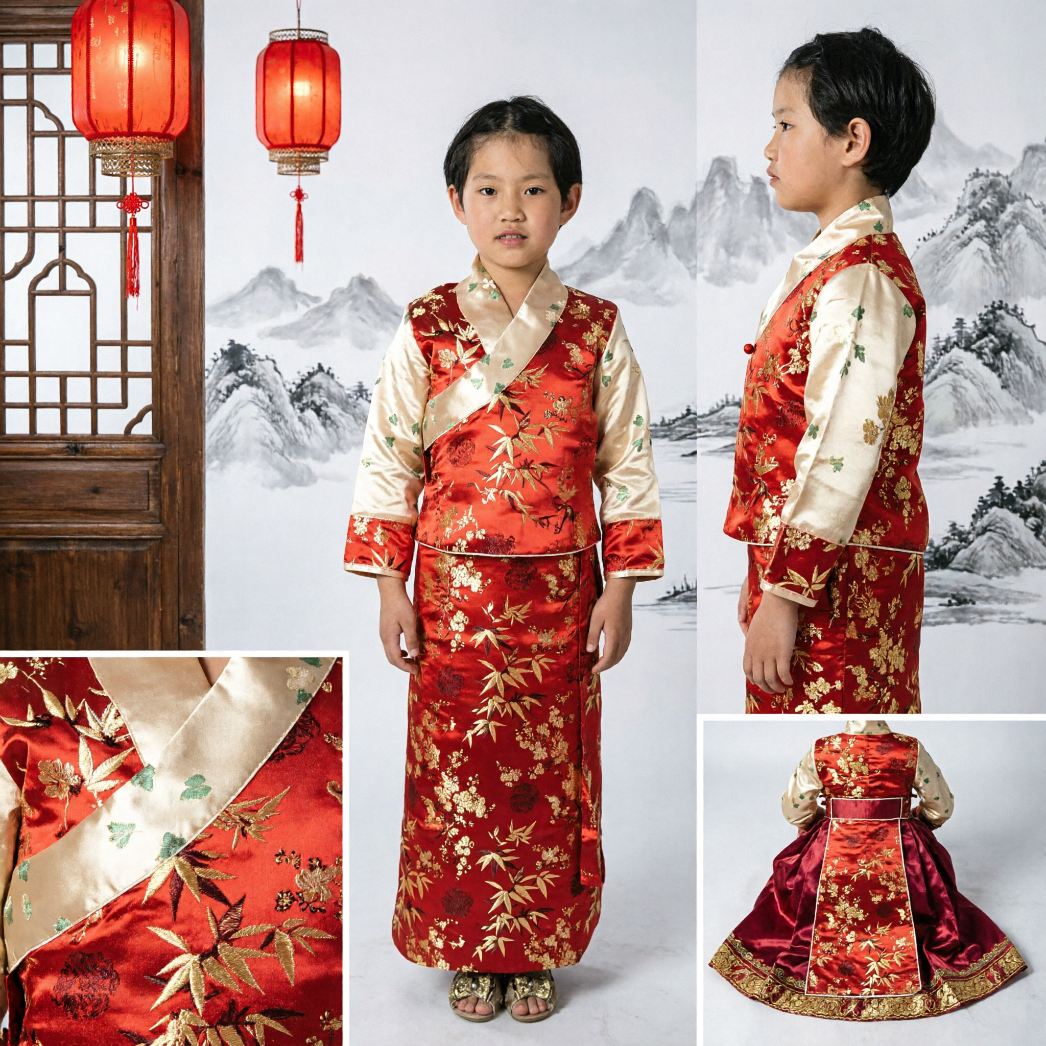 Abito Hanfu Tradizionale Cinese per Bambine Broccato Floreale Rosso e Oro Tang Suit Costume per Festival - Asian Costume