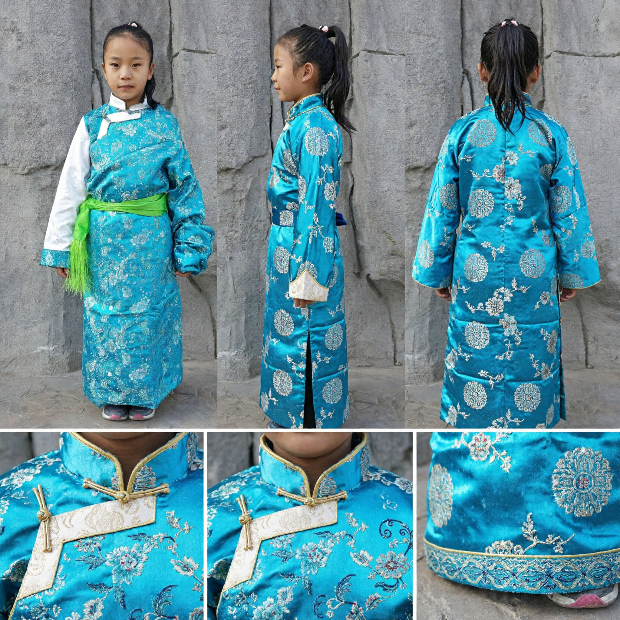 Traje Tibetano Tradicional Chino para Niñas Túnica Chuba Floral Azul Vestido de Danza Folclórica para Niños - Asian Costume