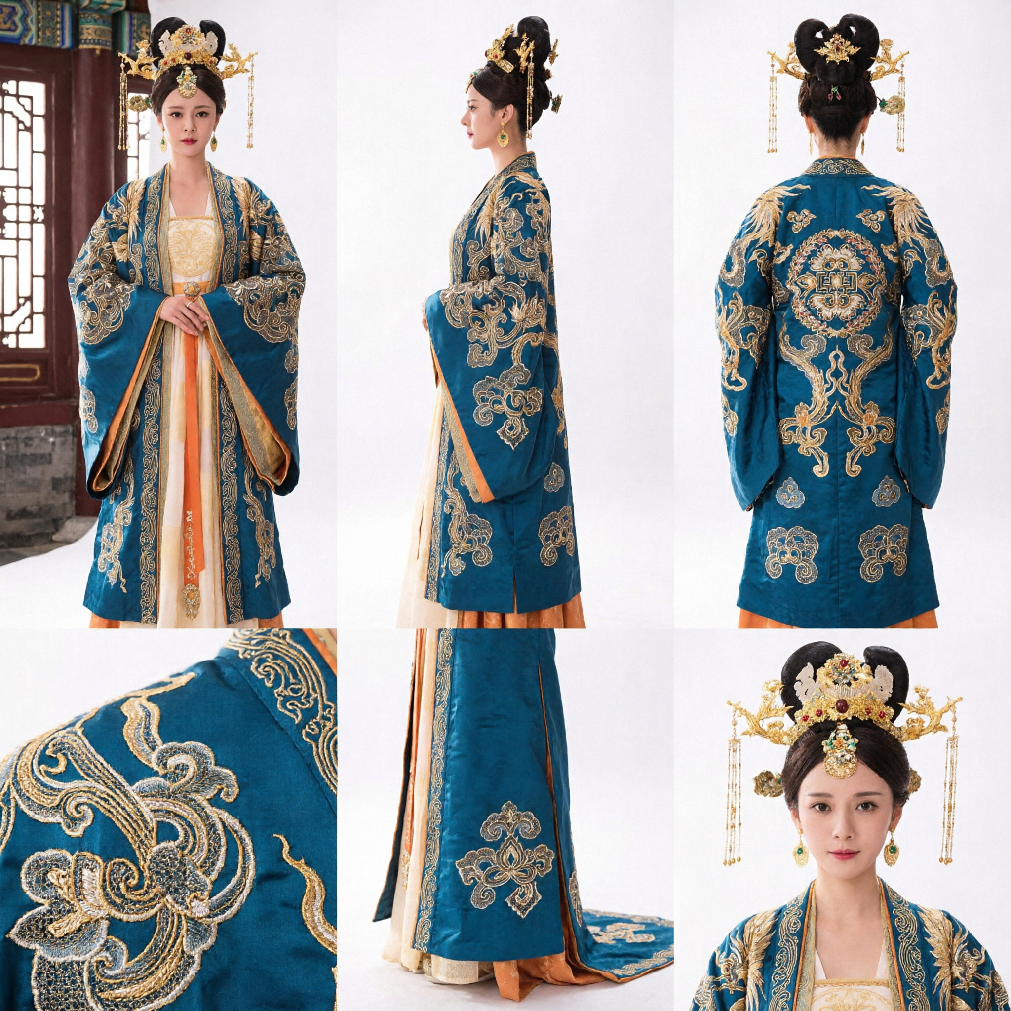 Traditionelles chinesisches Antikes Kaiserinnen-Kostüm Blau Gold Bestickte Hanfu-Robe Tang-Dynastie Palastdame Kleid - Asian Costume