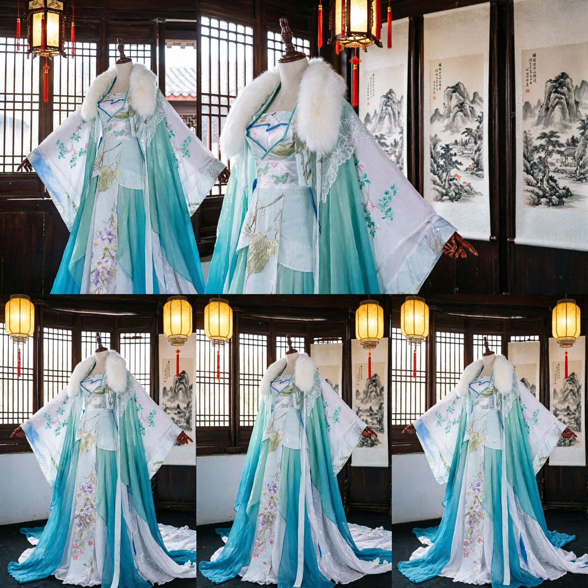 Elegante Traje Chino Antiguo Hanfu para Mujeres, Túnica Bordada en Degradé Azul con Cuello de Piel para Cosplay - Asian Costume