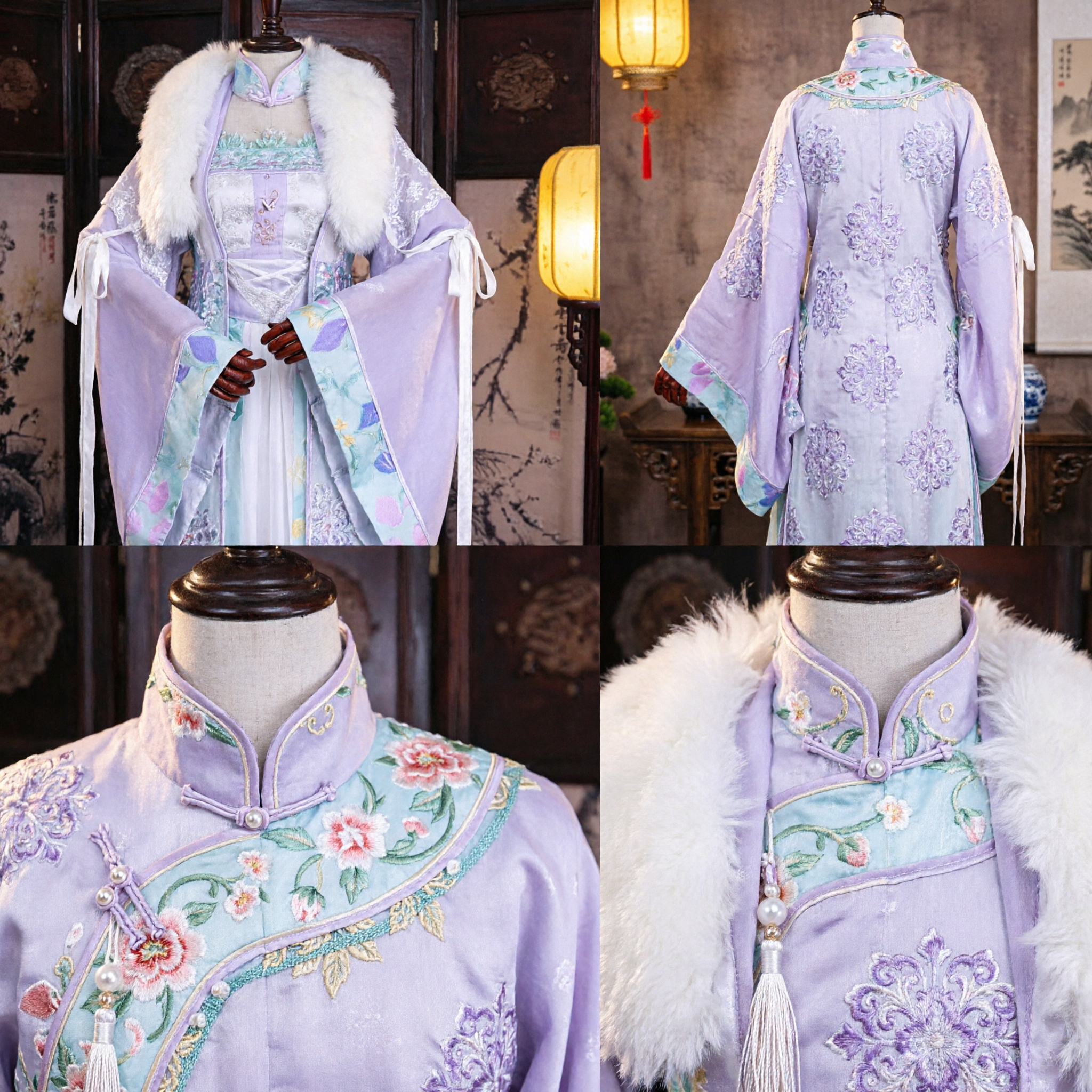 Costume de noblesse ancien traditionnel chinois Hanfu, cape d'hiver violette avec col en fourrure et robe brodée pour femmes - Asian Costume