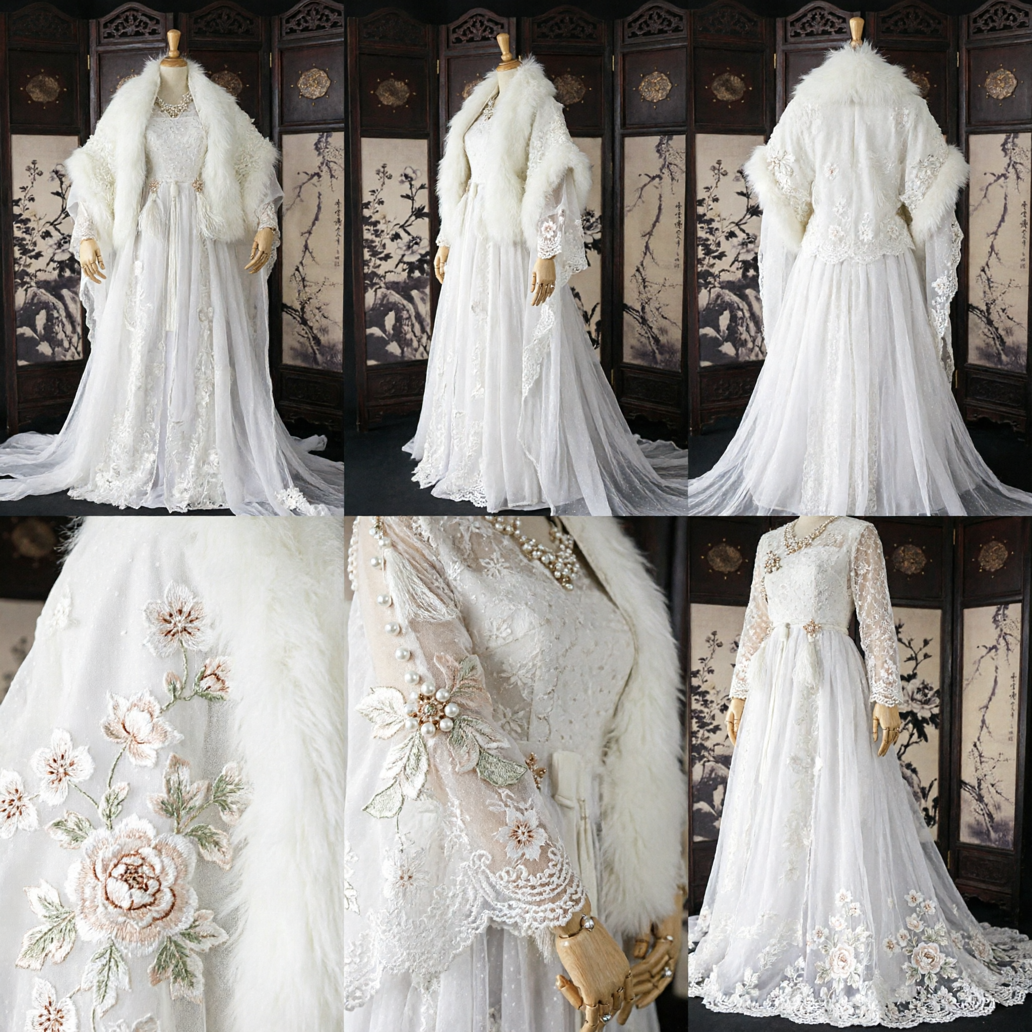 Elegantes Weißes Traditionelles chinesisches Hanfu Hochzeitskleid mit Pelzumhang Winter Antikes Brautkleid für Frauen - Asian Costume