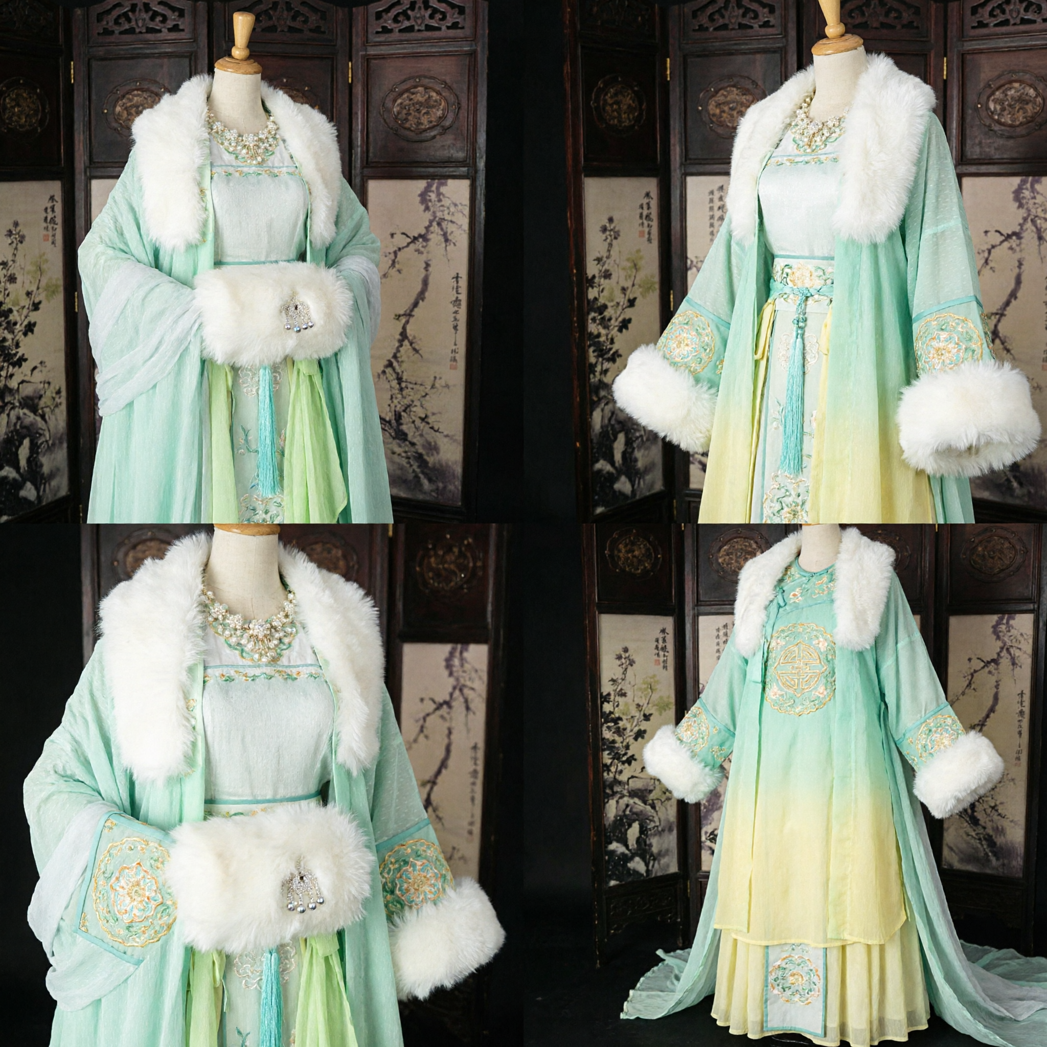 Traditioneel Chinees Hanfu Winter Kostuum Lichtgroene Oude Prinses Jurk met Witte Bontafzetting voor Vrouwen Cosplay - Asian Costume