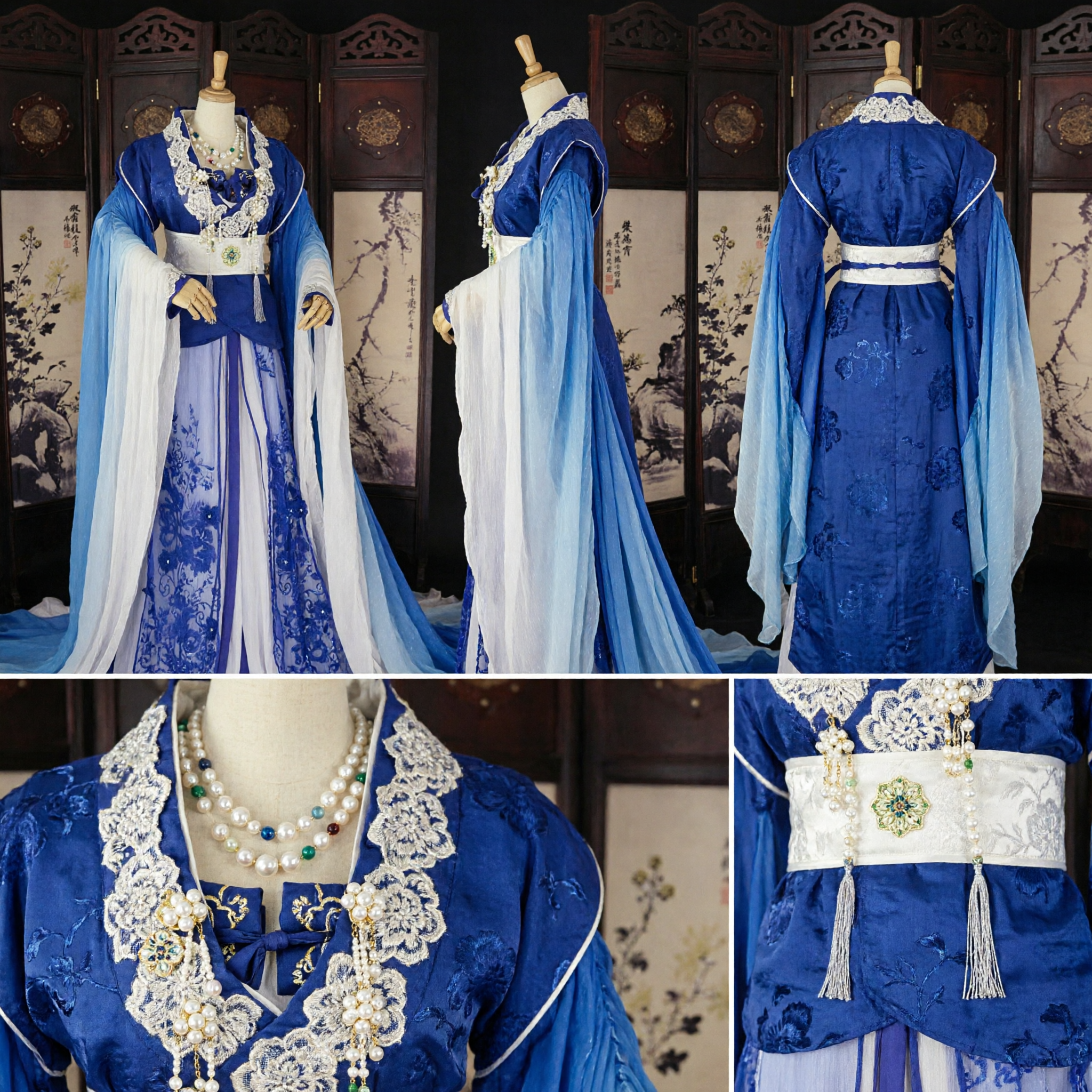Traje Tradicional Chinês Hanfu Vestido de Princesa Antiga Azul Bordado com Mangas Largas para Mulheres Cosplay - Asian Costume