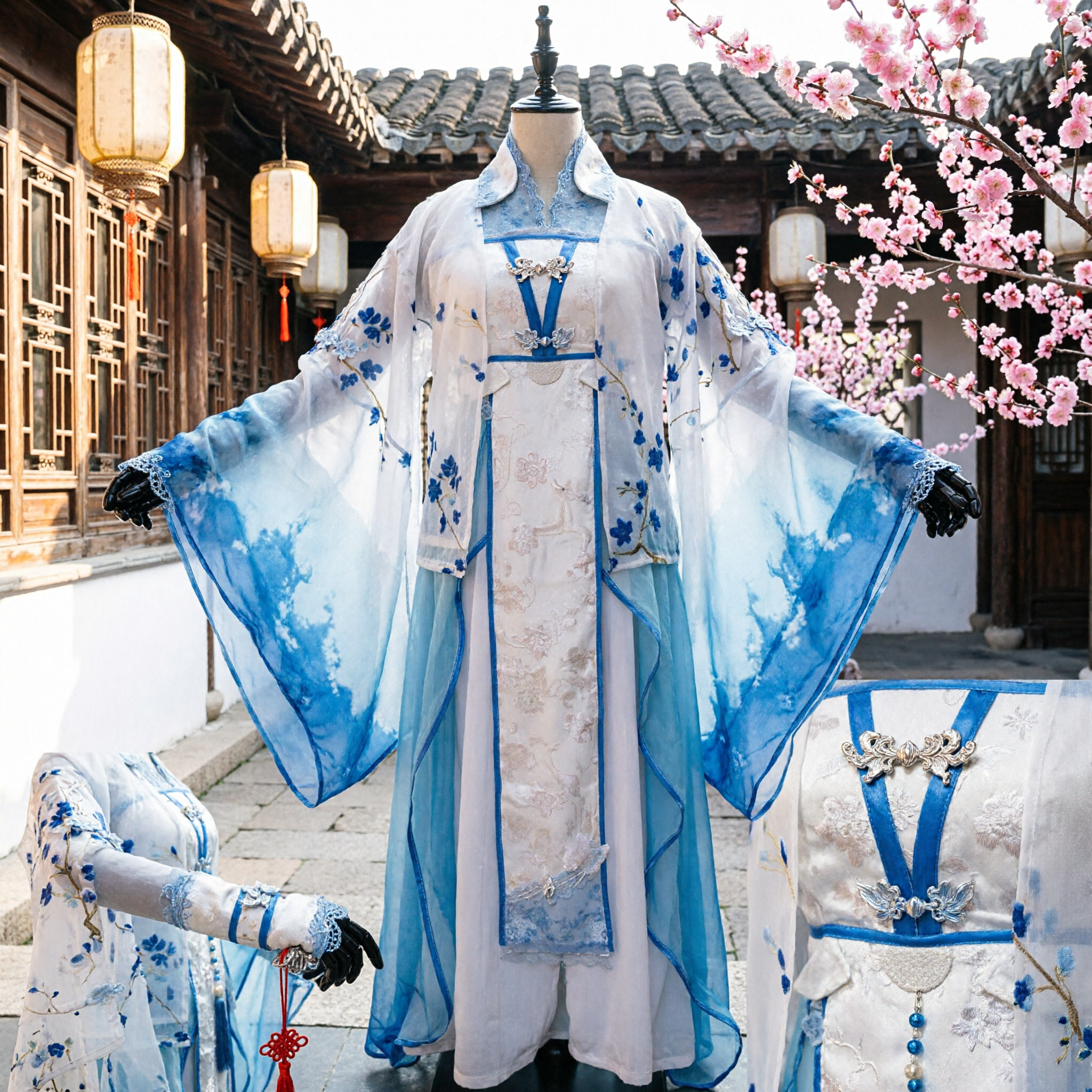 Traje Tradicional Chinês Hanfu Antigo de Espadachim Túnica Bordada com Flores Azul e Branca para Homens Cosplay Performance - Asian Costume