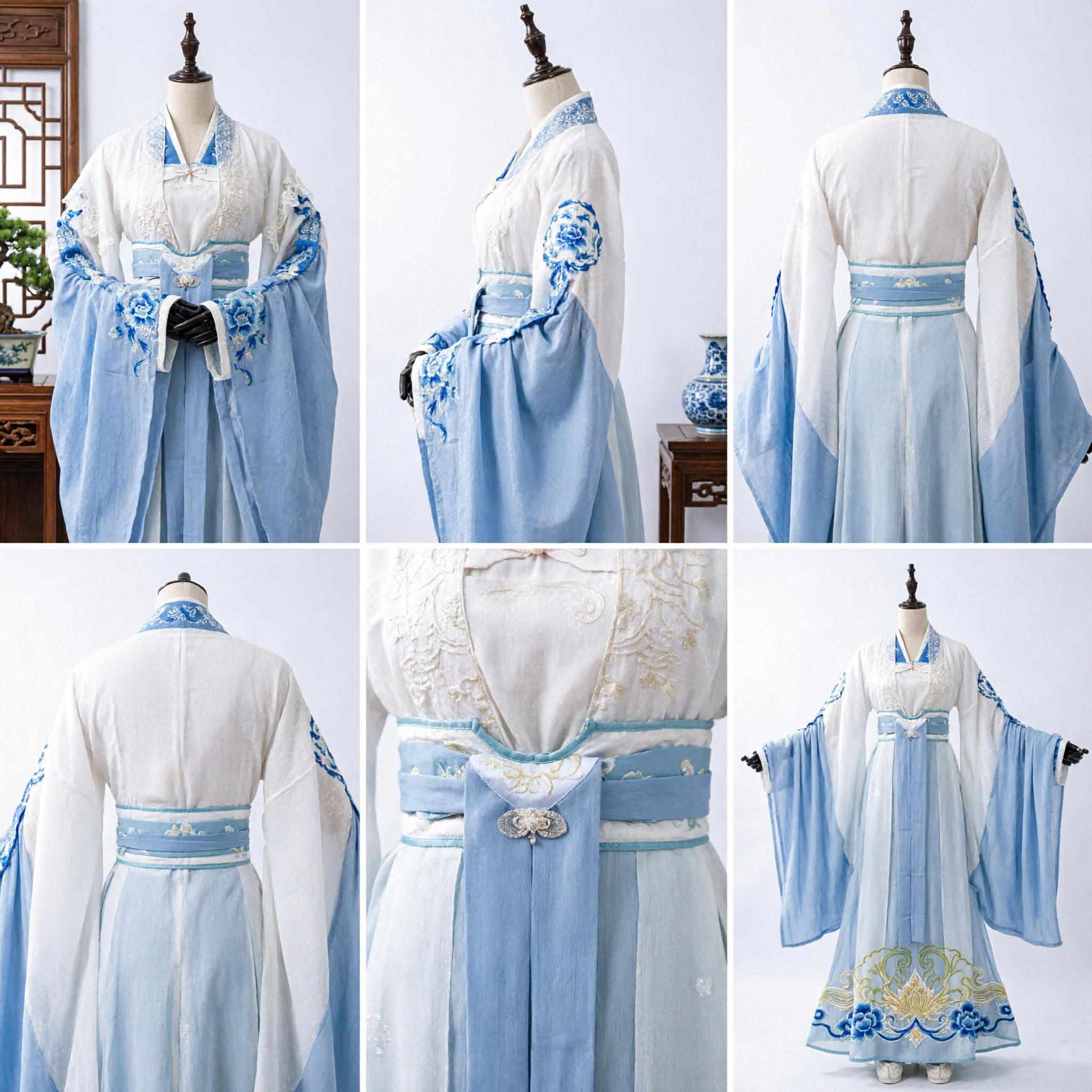 Traje Tradicional Chinês Hanfu Antigo de Fada Vestido Azul e Branco para Mulheres Cosplay Performance - Asian Costume