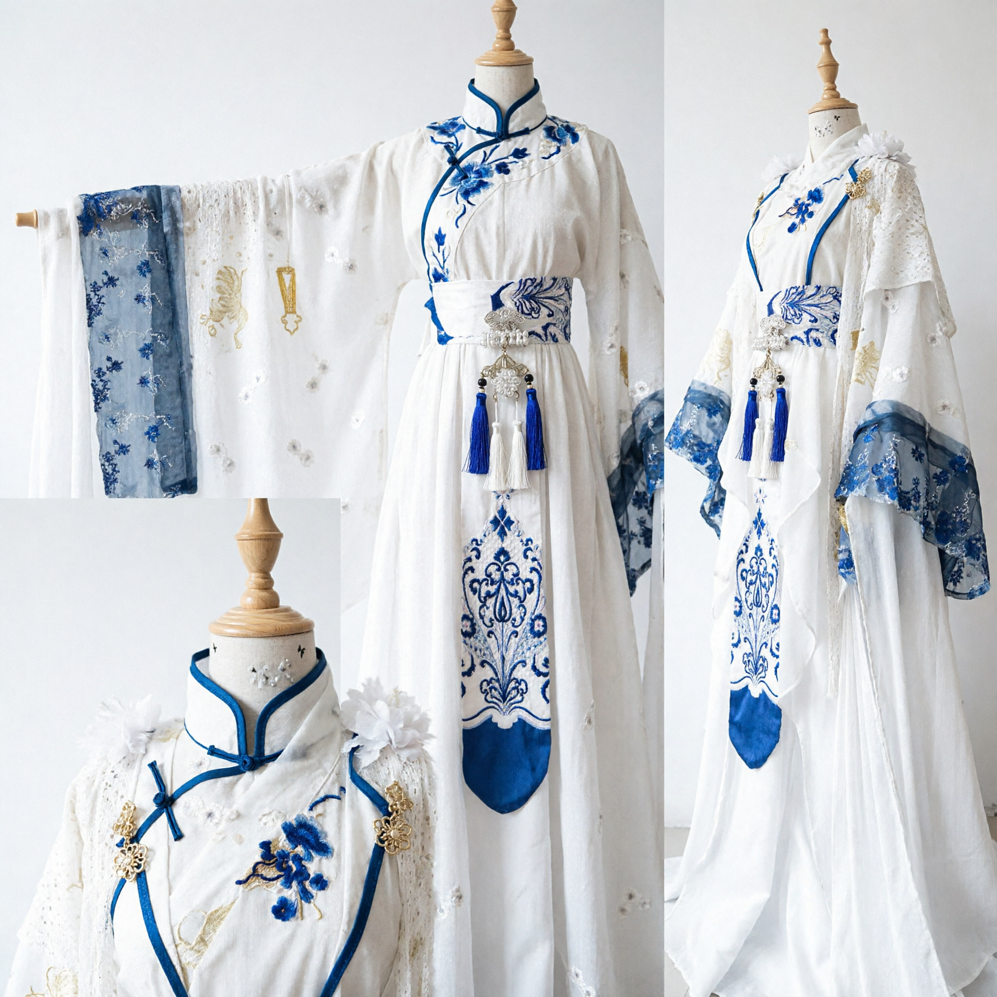 Traditioneel Chinese Hanfu Tang-dynastie Wit Blauwe Feeënjurk Oud Kostuum Cosplay Outfit voor Vrouwen - Asian Costume