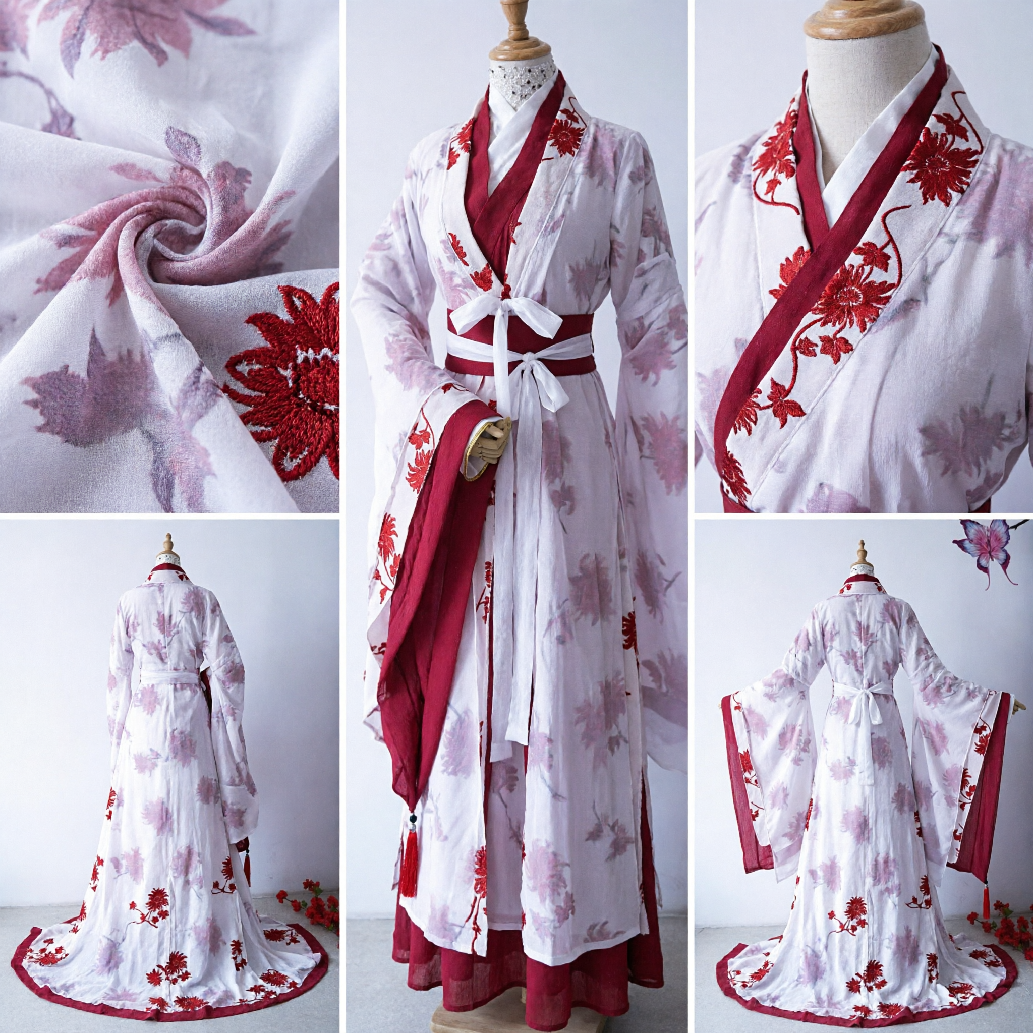 Costume Hanfu chinois ancien élégant Robe florale blanche et rouge Tenue traditionnelle pour femmes pour cosplay et spectacle - Asian Costume