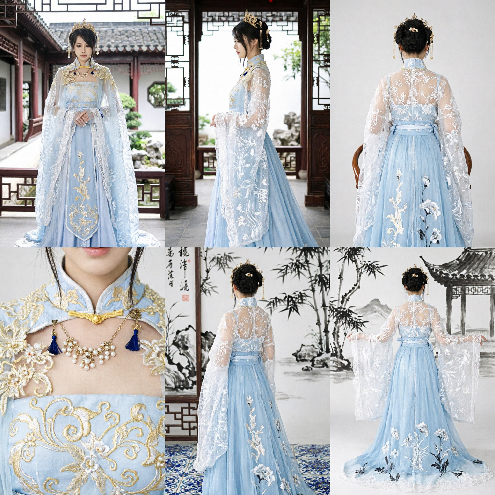 Elegantes hellblaues antikes chinesisches Feenprinzessinnen-Cosplay-Kostüm mit Umhang und Krone für Frauen Halloween-Party - Asian Costume